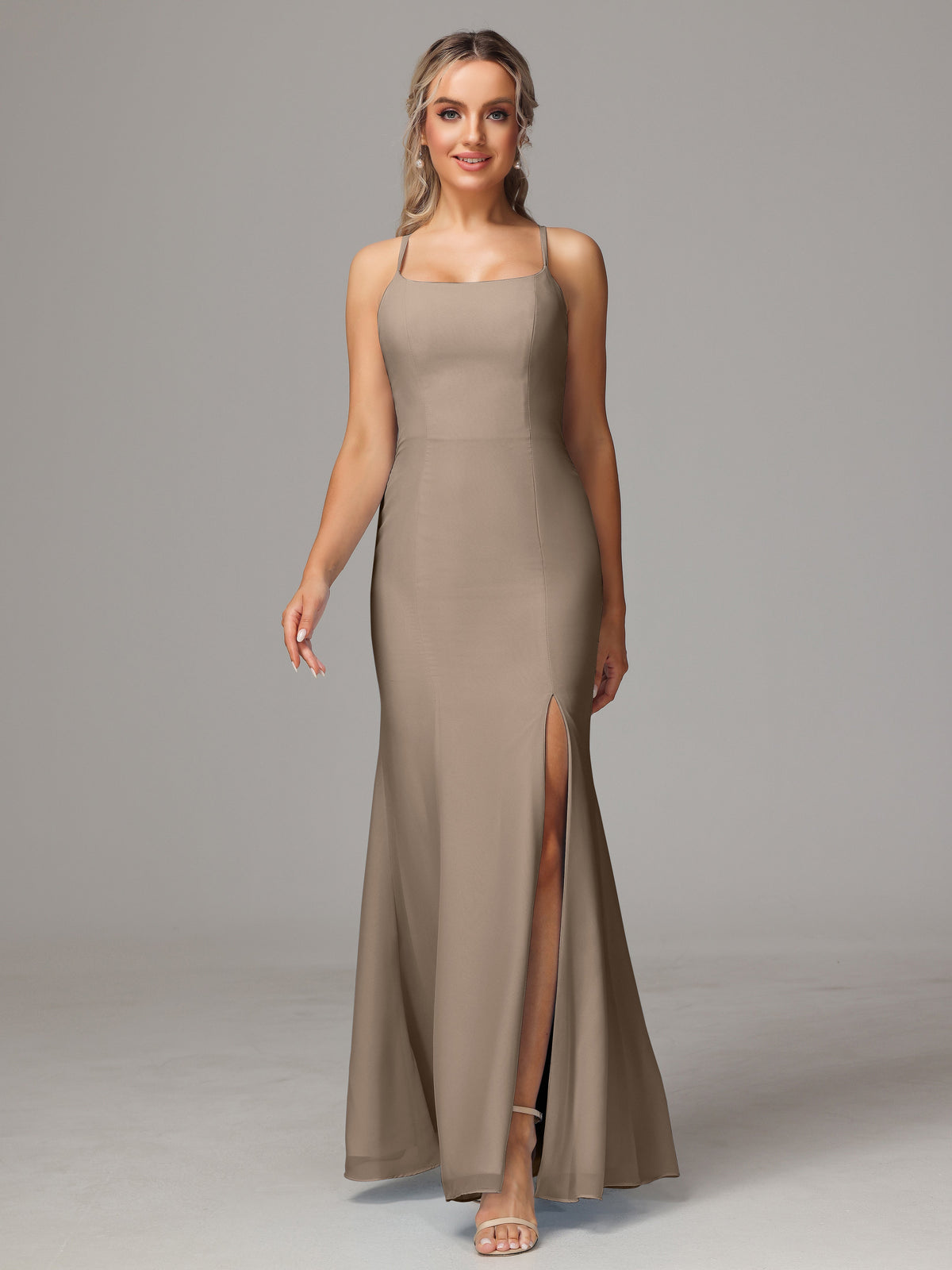 Robe Taupe Demoiselle D Honneur Leticia Fourreau Mousseline Longue Robes Demoiselle D'Honneur
