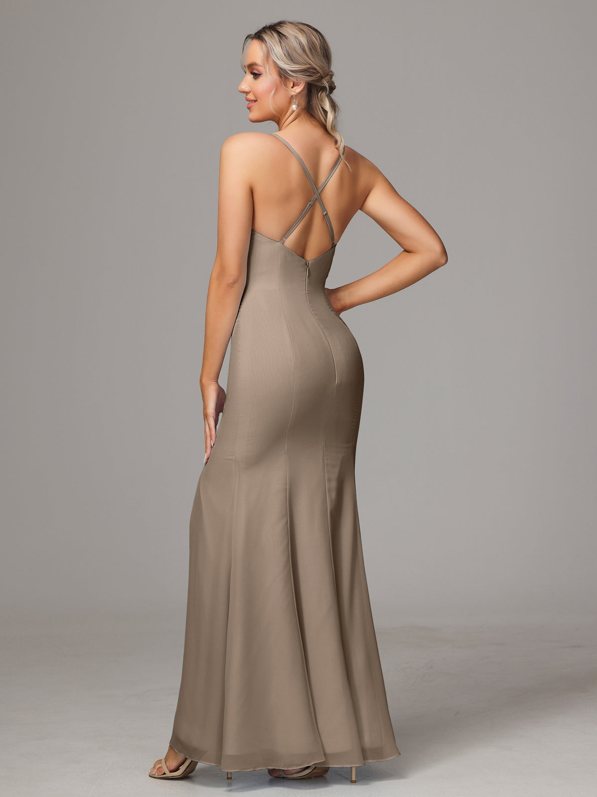 Robe Taupe Demoiselle D Honneur Leticia Fourreau Mousseline Longue Robes Demoiselle D'Honneur