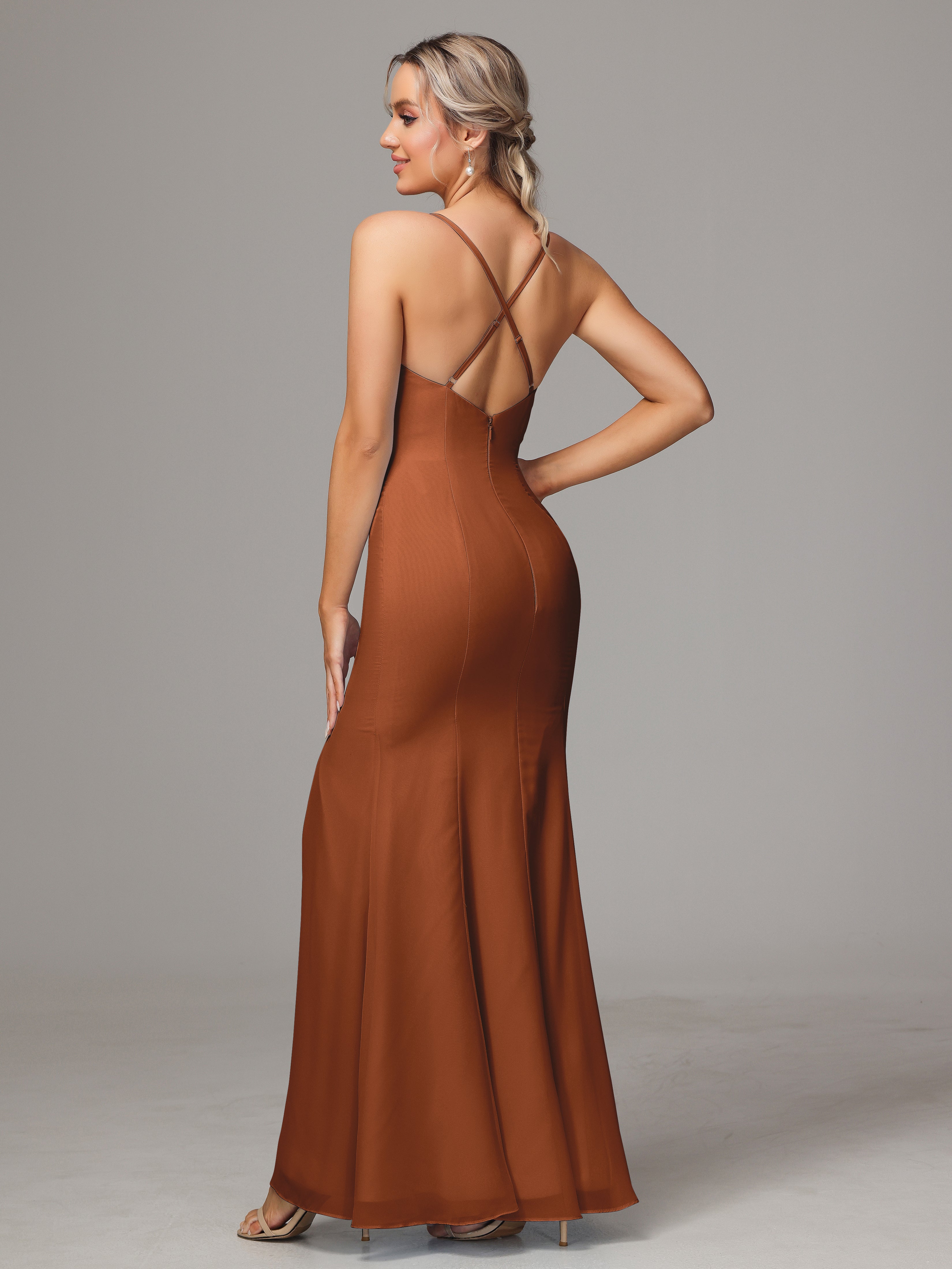 Robes De Demoiselle D'Honneur En Terre Cuite Leticia Fourreau Mousseline Longue Robes Demoiselle D'Honneur