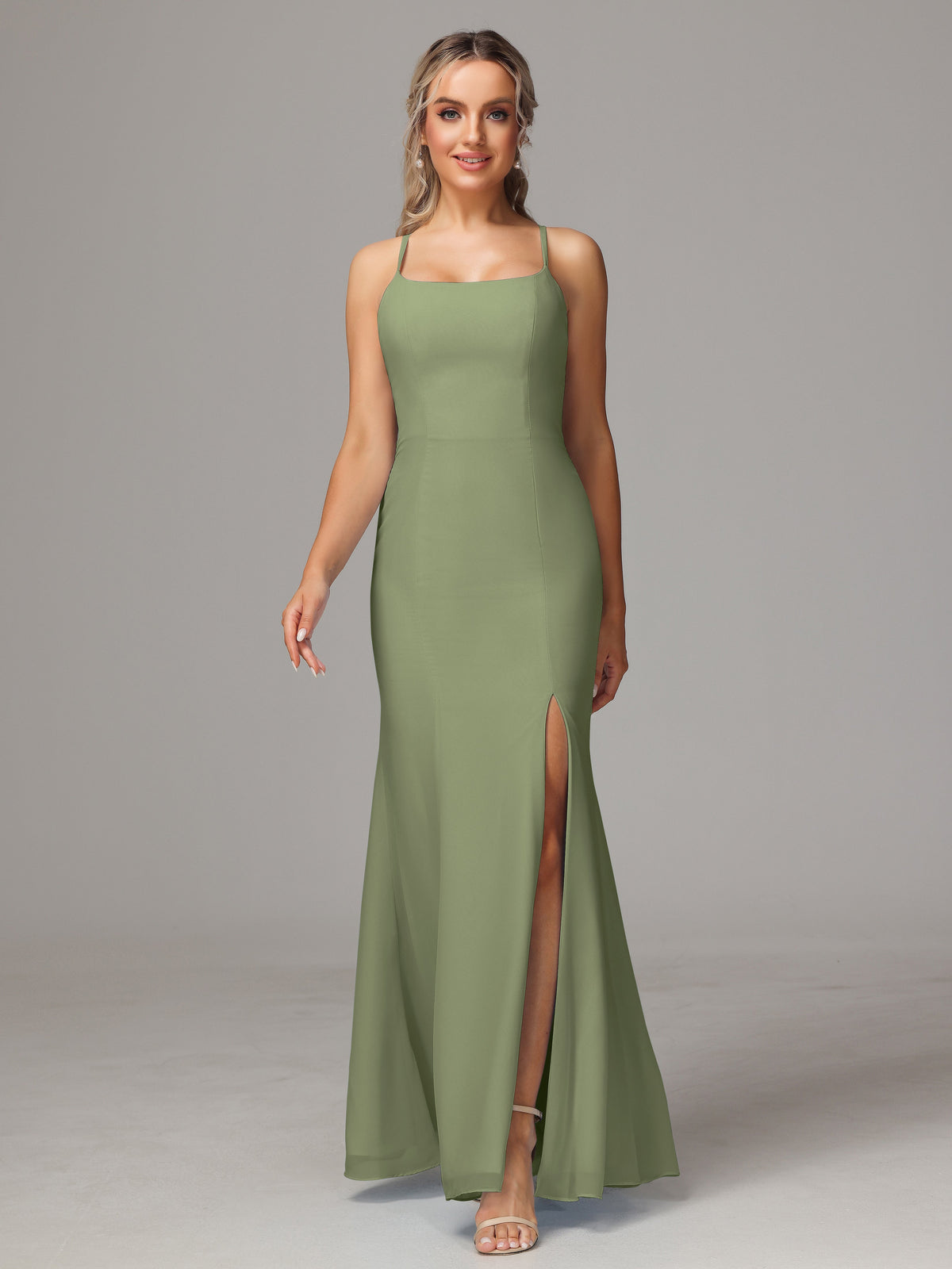 Robes De Demoiselle D'Honneur Olive Leticia Fourreau Mousseline Longue Robes Demoiselle D'Honneur