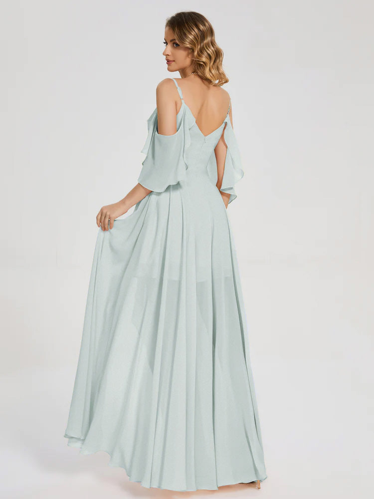 Robes De Demoiselle D'Honneur Celadon Asymétrique Hors-La-Épaule Mousseline Robes Demoiselle D'Honneur