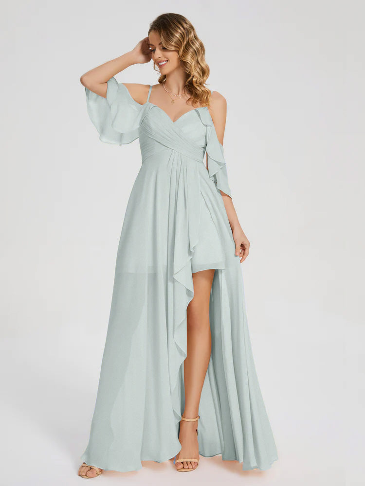 Robes De Demoiselle D'Honneur Celadon Asymétrique Hors-La-Épaule Mousseline Robes Demoiselle D'Honneur