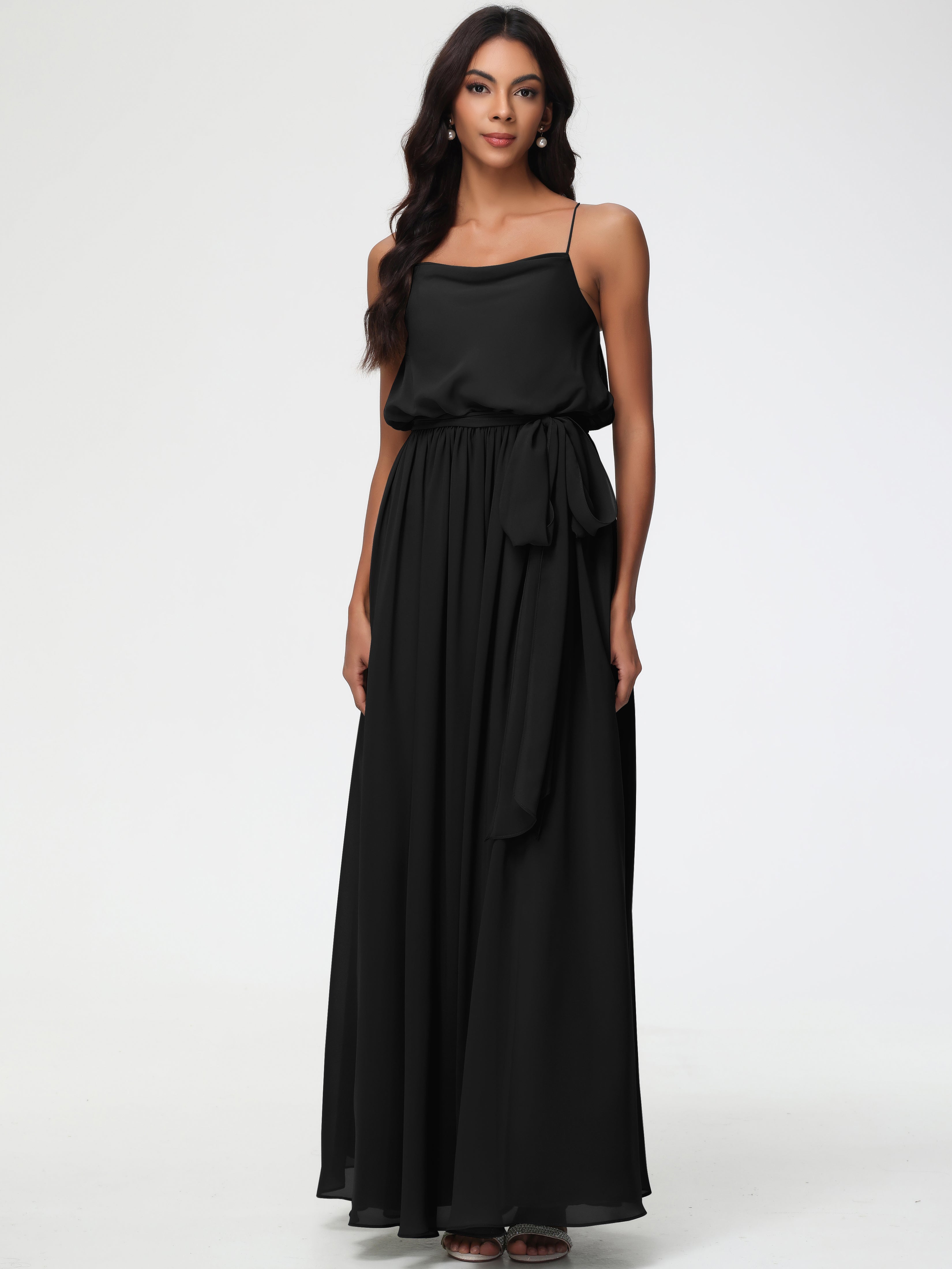 Robe Demoiselle D Honneur Noir Bretelles Spaghetti Col Bénitier Trapèze Mousseline Robe Demoiselle D'Honneur