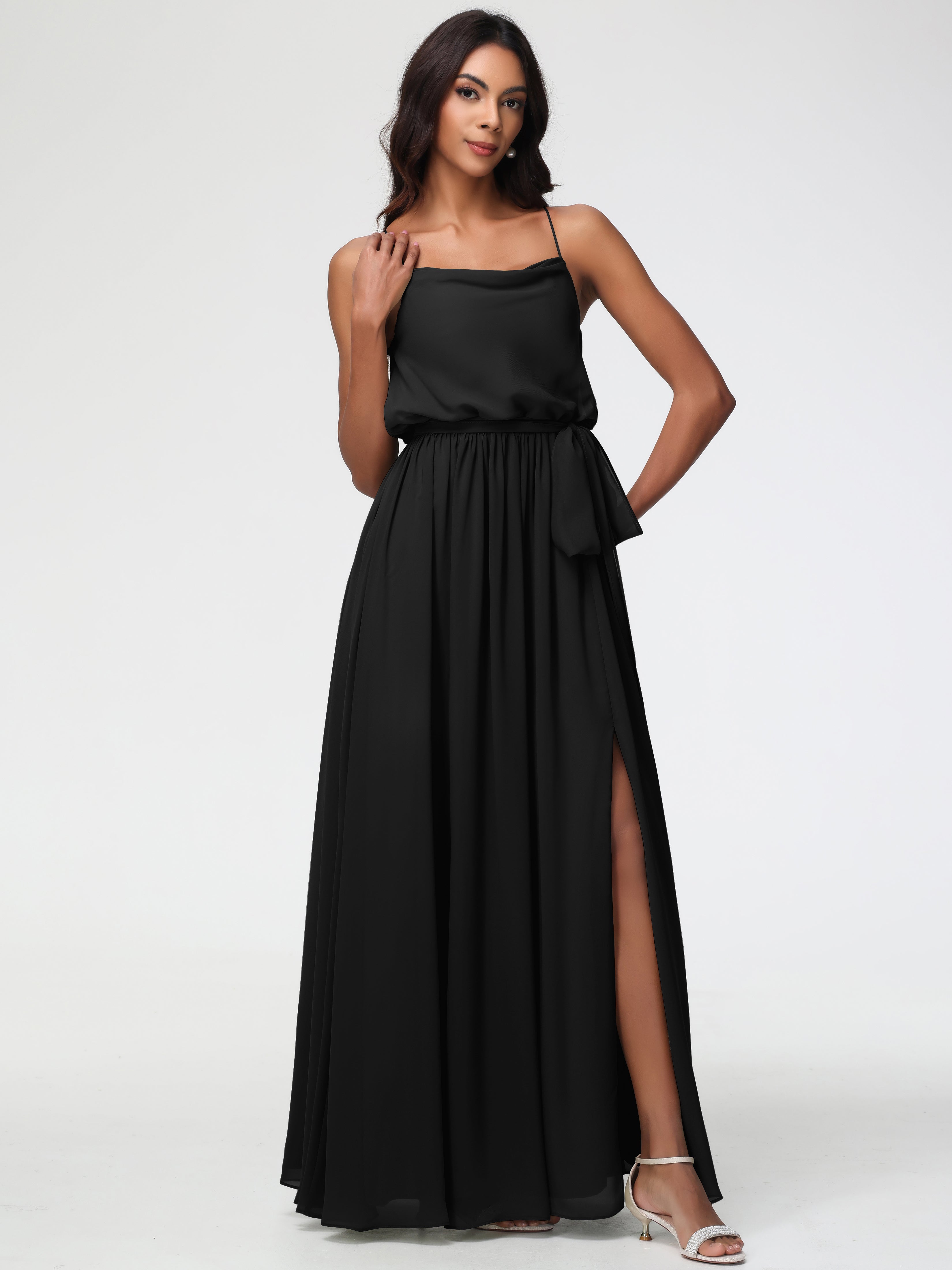 Robe Demoiselle D Honneur Noir Bretelles Spaghetti Col Bénitier Trapèze Mousseline Robe Demoiselle D'Honneur
