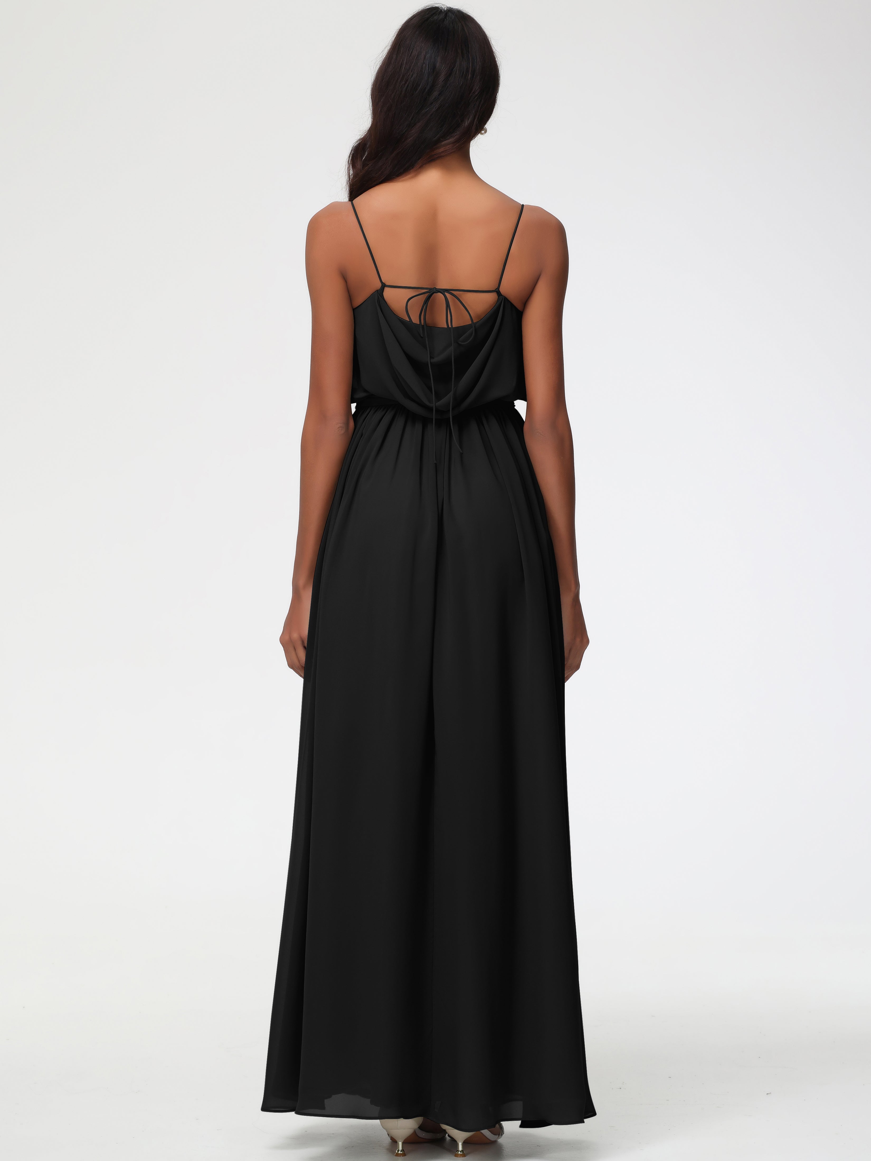 Robe Demoiselle D Honneur Noir Bretelles Spaghetti Col Bénitier Trapèze Mousseline Robe Demoiselle D'Honneur