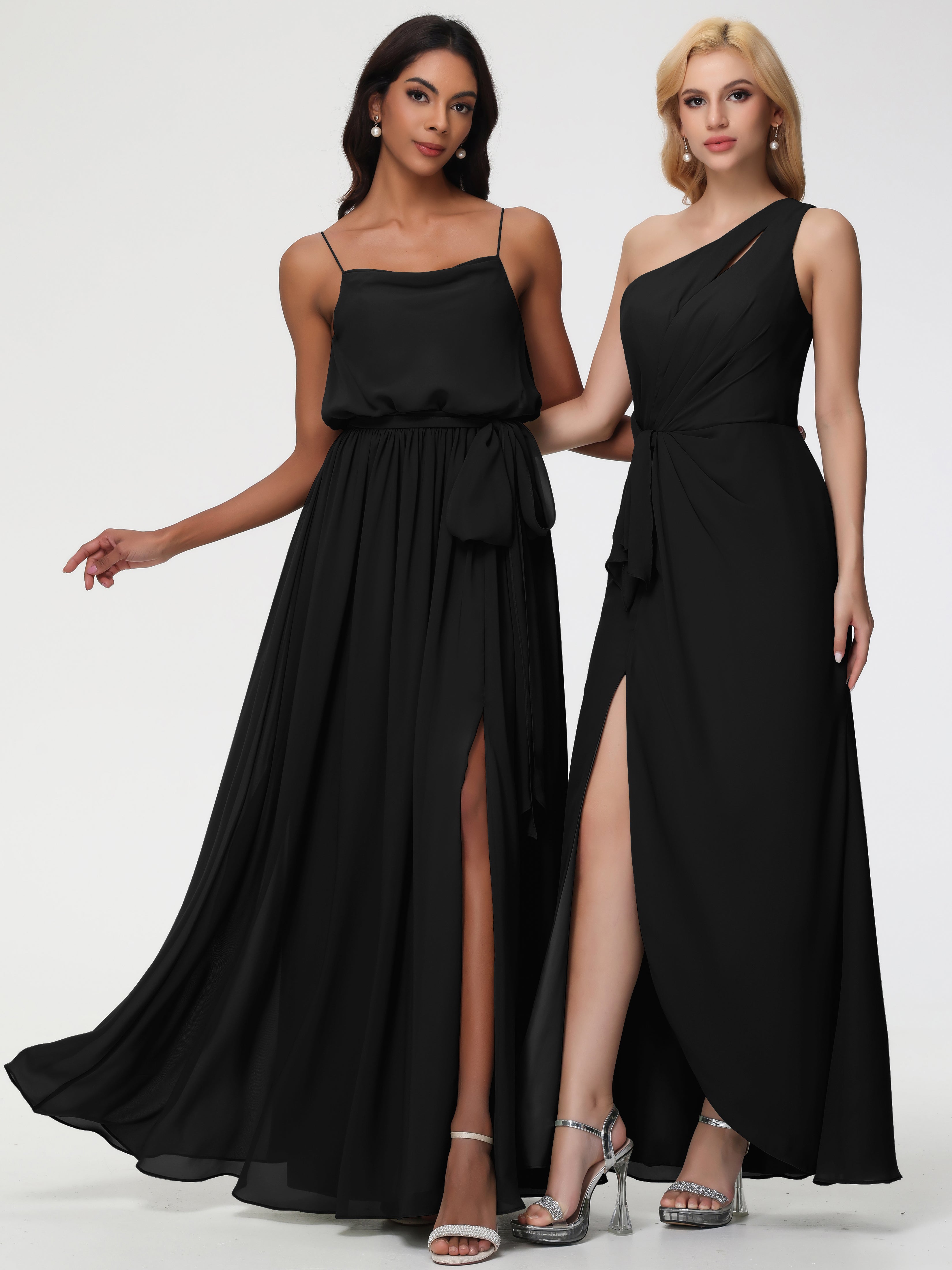 Robe Demoiselle D Honneur Noir Bretelles Spaghetti Col Bénitier Trapèze Mousseline Robe Demoiselle D'Honneur