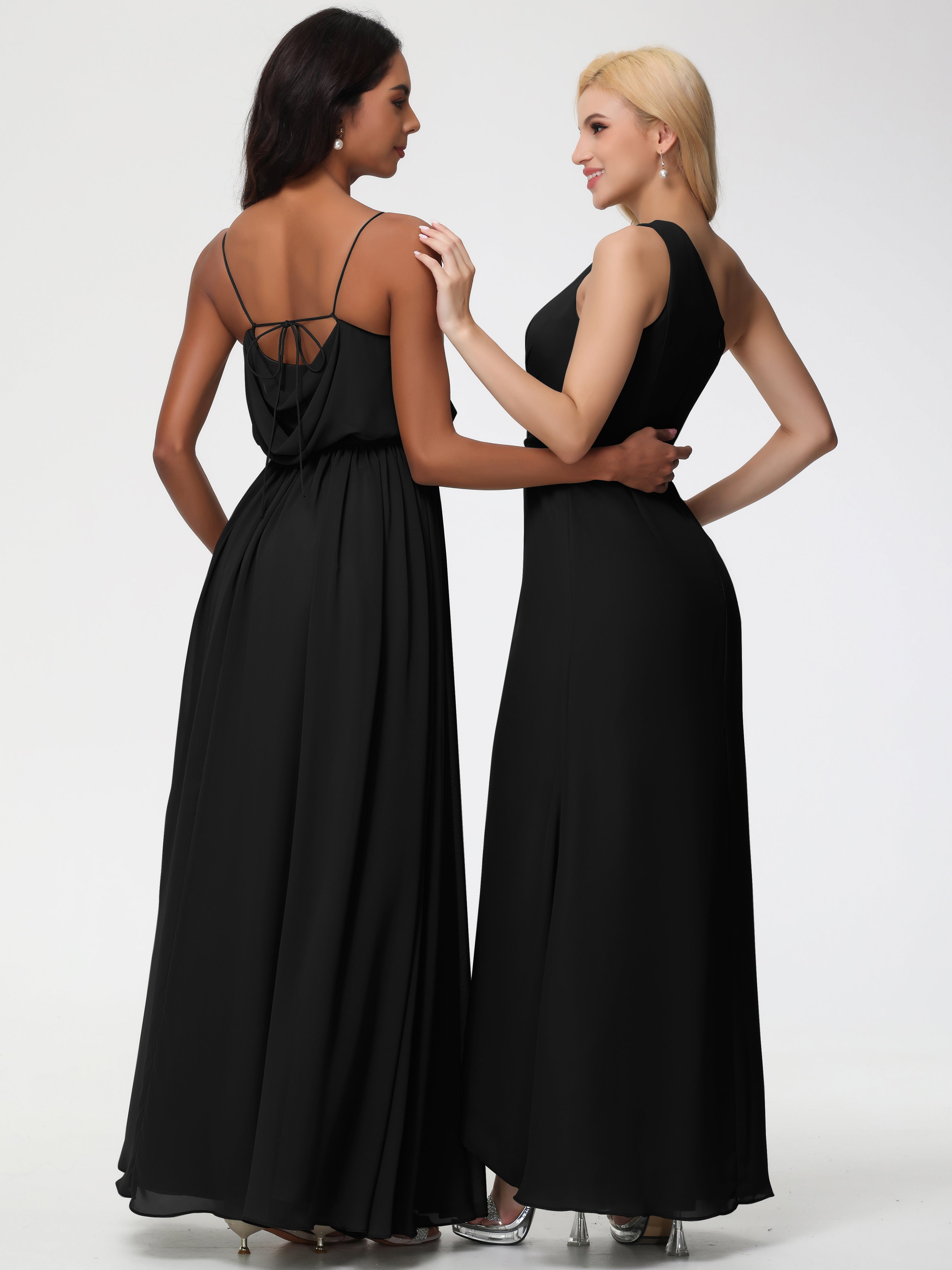 Robe Demoiselle D Honneur Noir Bretelles Spaghetti Col Bénitier Trapèze Mousseline Robe Demoiselle D'Honneur