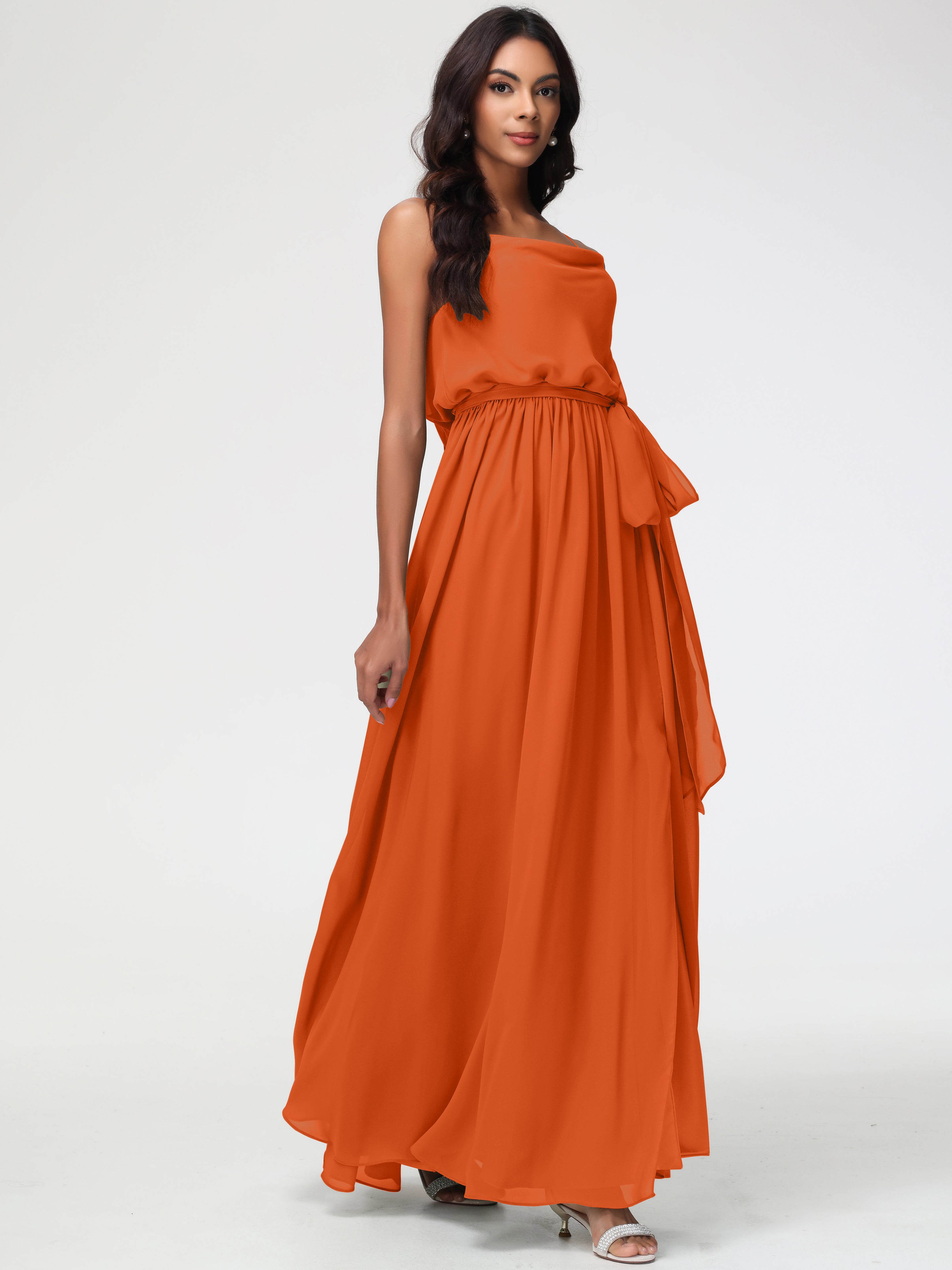 Robes De Demoiselle D'Honneur Orange Brûlé Bretelles Spaghetti Col Bénitier Trapèze Mousseline Robe Demoiselle D'Honneur