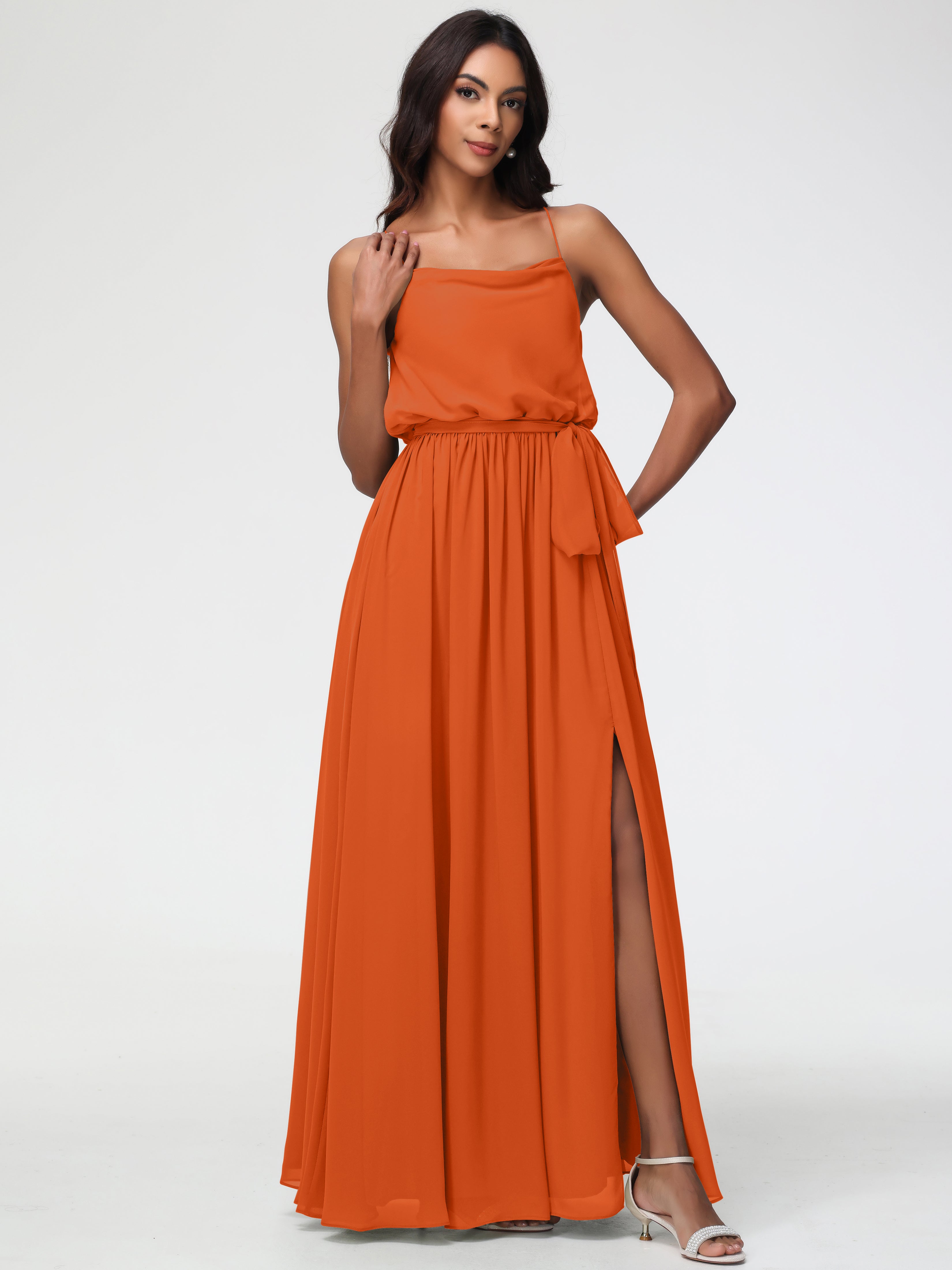 Robes De Demoiselle D'Honneur Orange Brûlé Bretelles Spaghetti Col Bénitier Trapèze Mousseline Robe Demoiselle D'Honneur