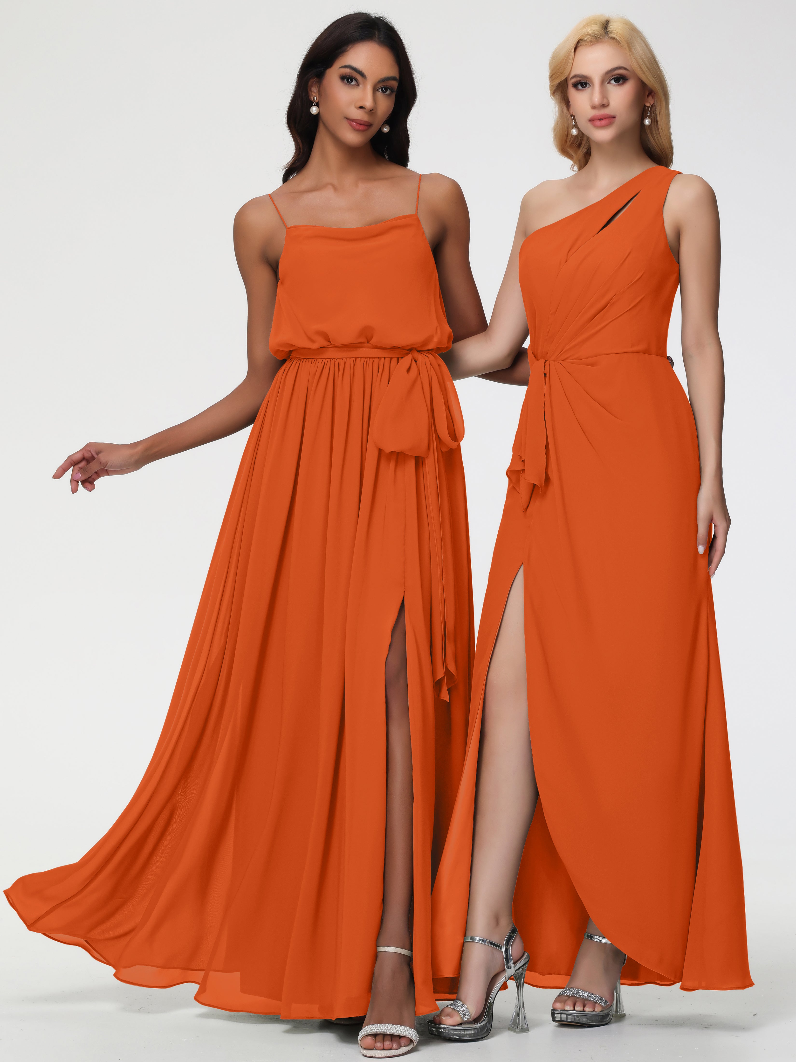 Robes De Demoiselle D'Honneur Orange Brûlé Bretelles Spaghetti Col Bénitier Trapèze Mousseline Robe Demoiselle D'Honneur