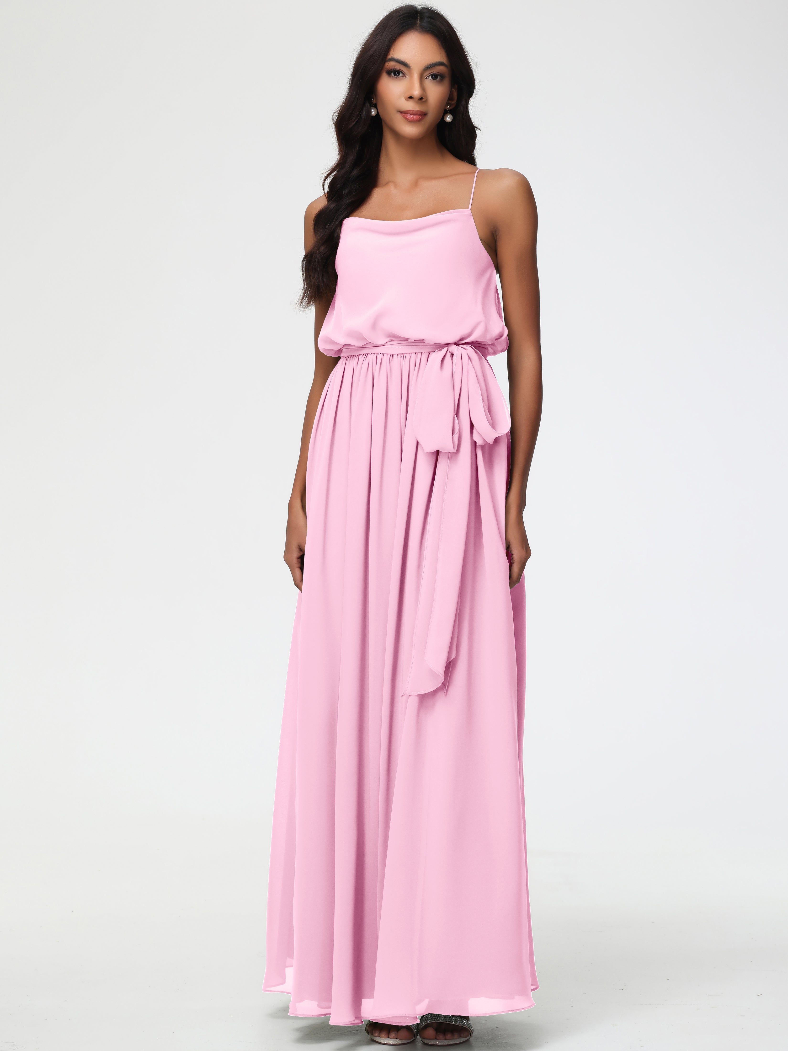 Robe Demoiselle D Honneur Rose Bonbon Bretelles Spaghetti Col Bénitier Trapèze Mousseline Robe Demoiselle D'Honneur