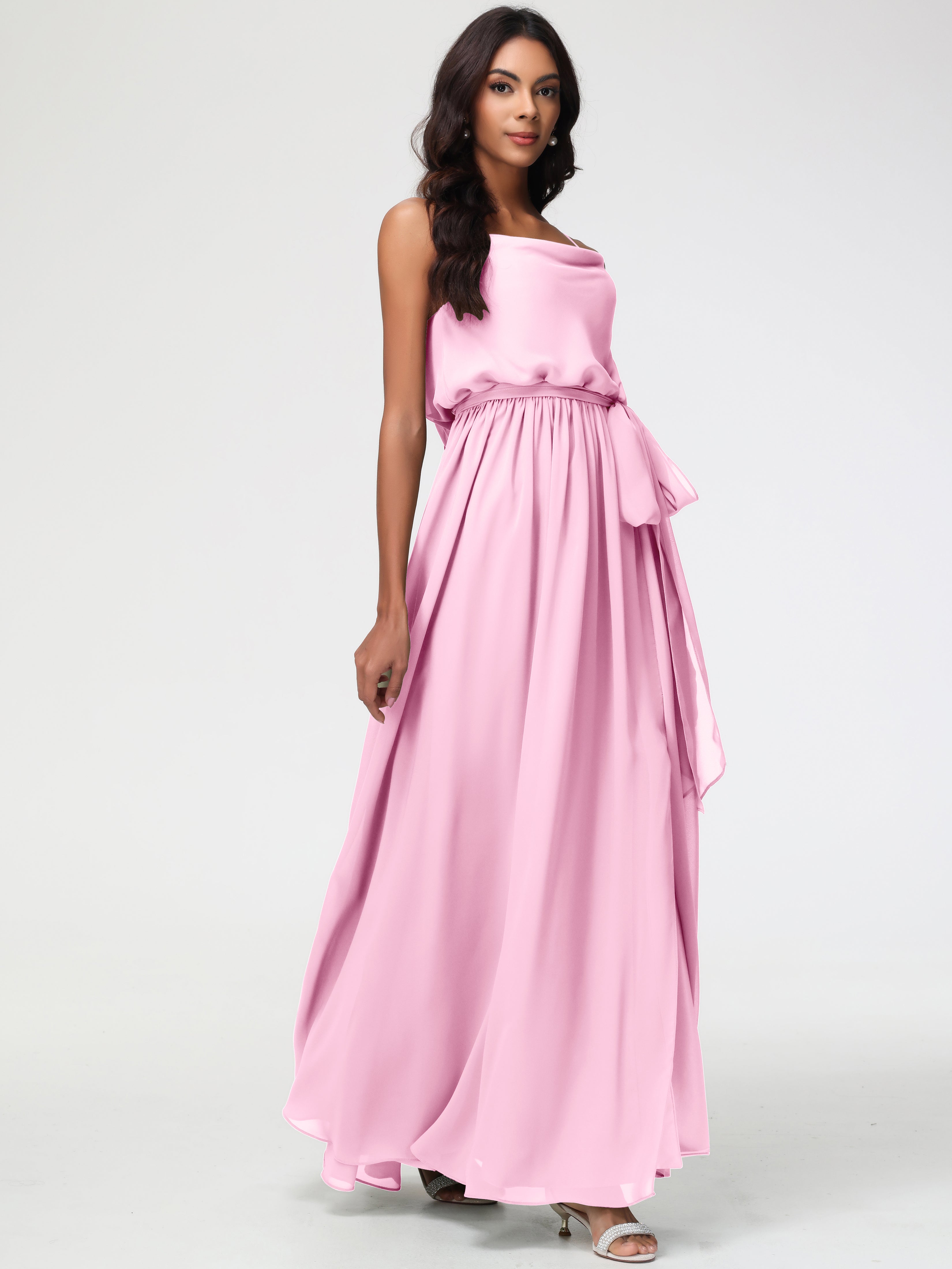 Robe Demoiselle D Honneur Rose Bonbon Bretelles Spaghetti Col Bénitier Trapèze Mousseline Robe Demoiselle D'Honneur