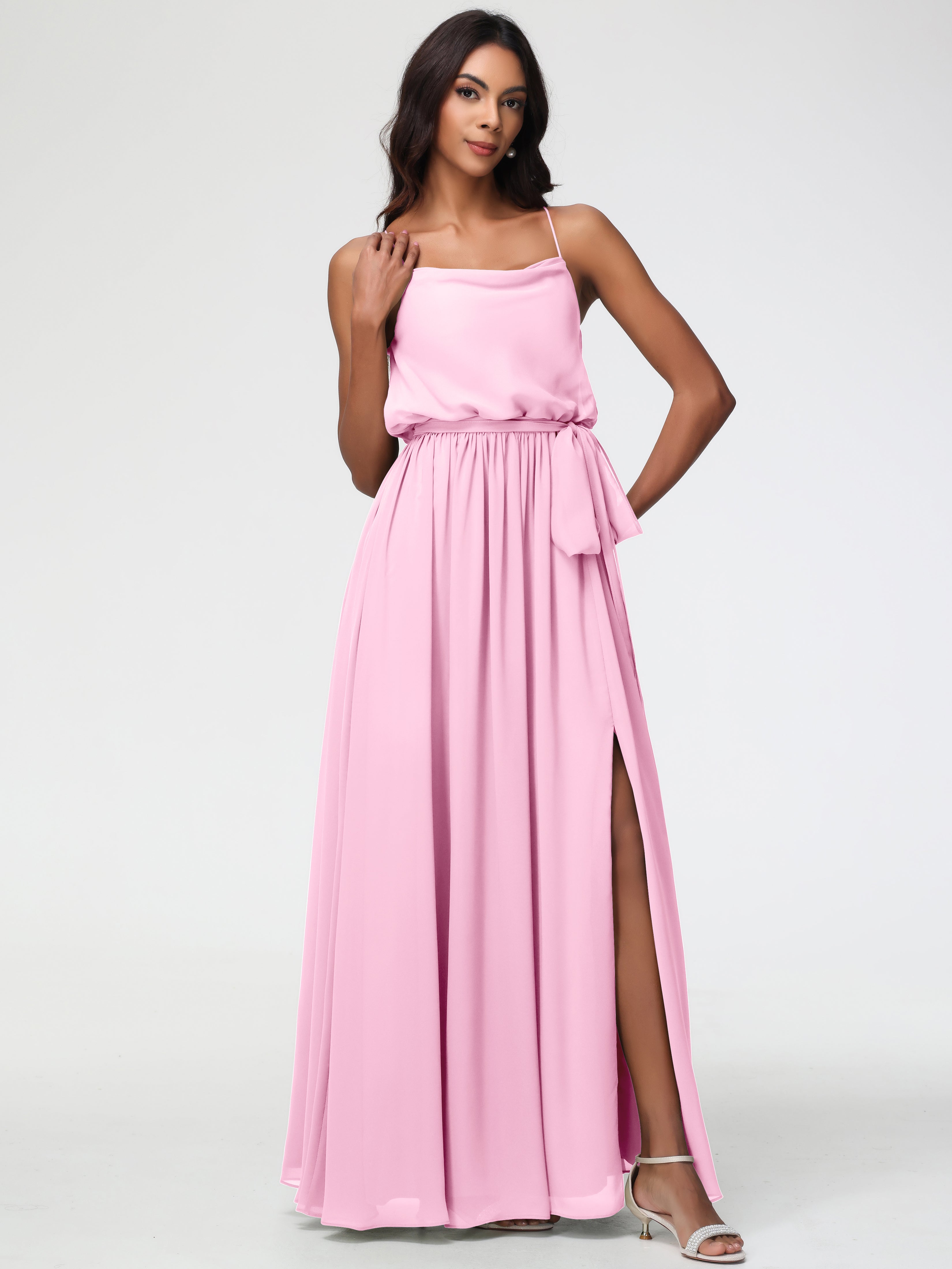 Robe Demoiselle D Honneur Rose Bonbon Bretelles Spaghetti Col Bénitier Trapèze Mousseline Robe Demoiselle D'Honneur