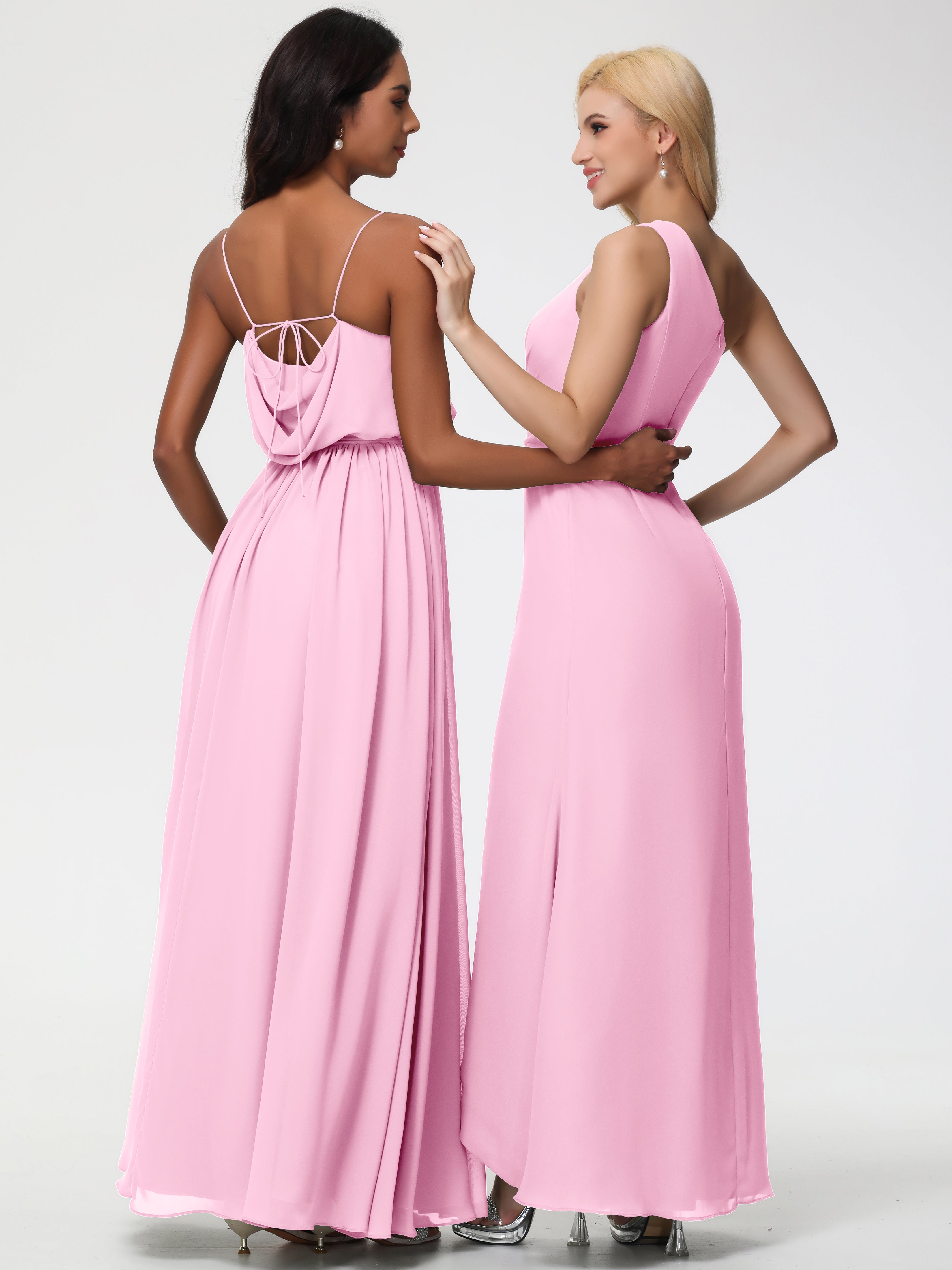 Robe Demoiselle D Honneur Rose Bonbon Bretelles Spaghetti Col Bénitier Trapèze Mousseline Robe Demoiselle D'Honneur