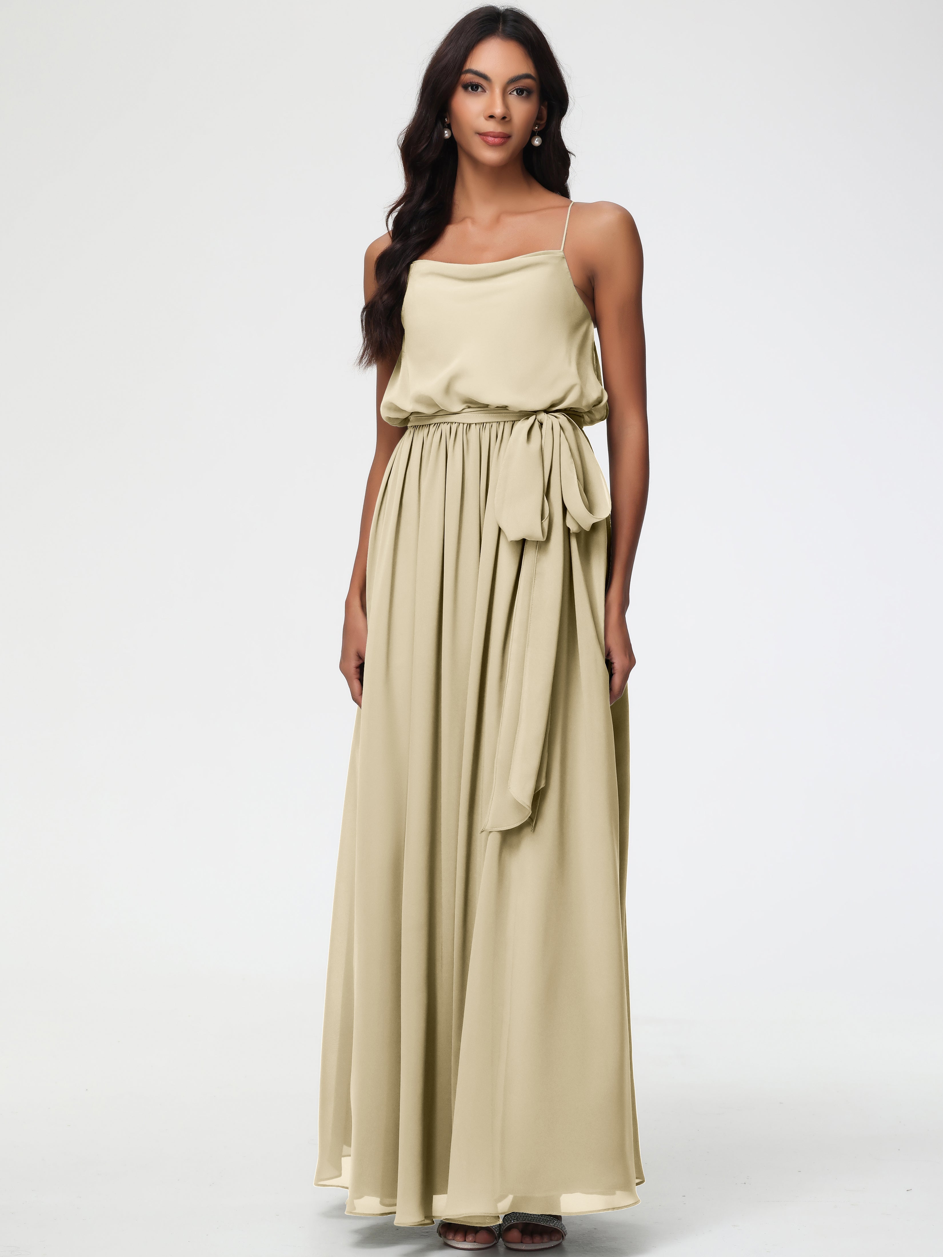 Robe Demoiselle D Honneur Couleur Champagne Bretelles Spaghetti Col Bénitier Trapèze Mousseline Robe Demoiselle D'Honneur