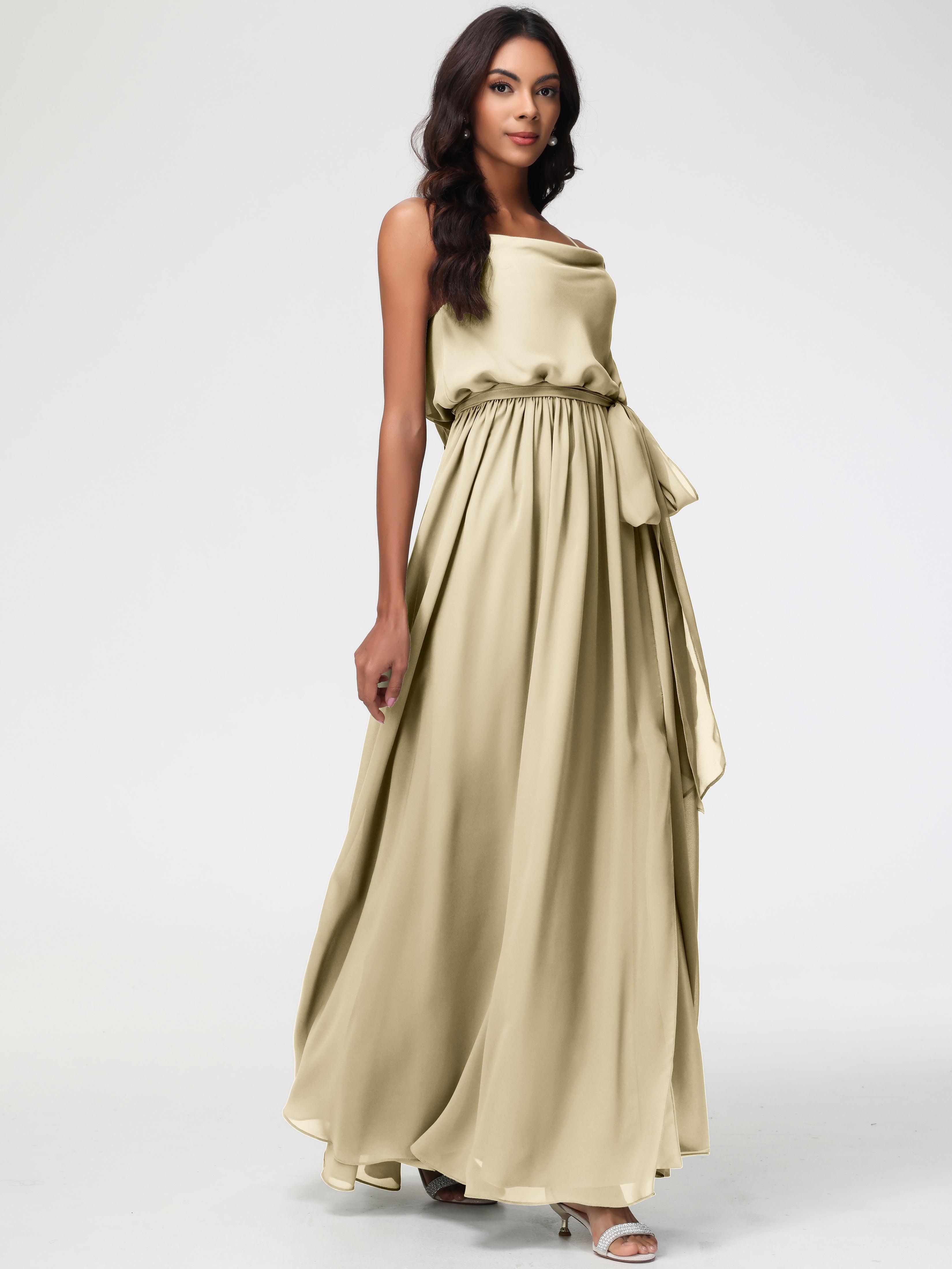 Robe Demoiselle D Honneur Couleur Champagne Bretelles Spaghetti Col Bénitier Trapèze Mousseline Robe Demoiselle D'Honneur