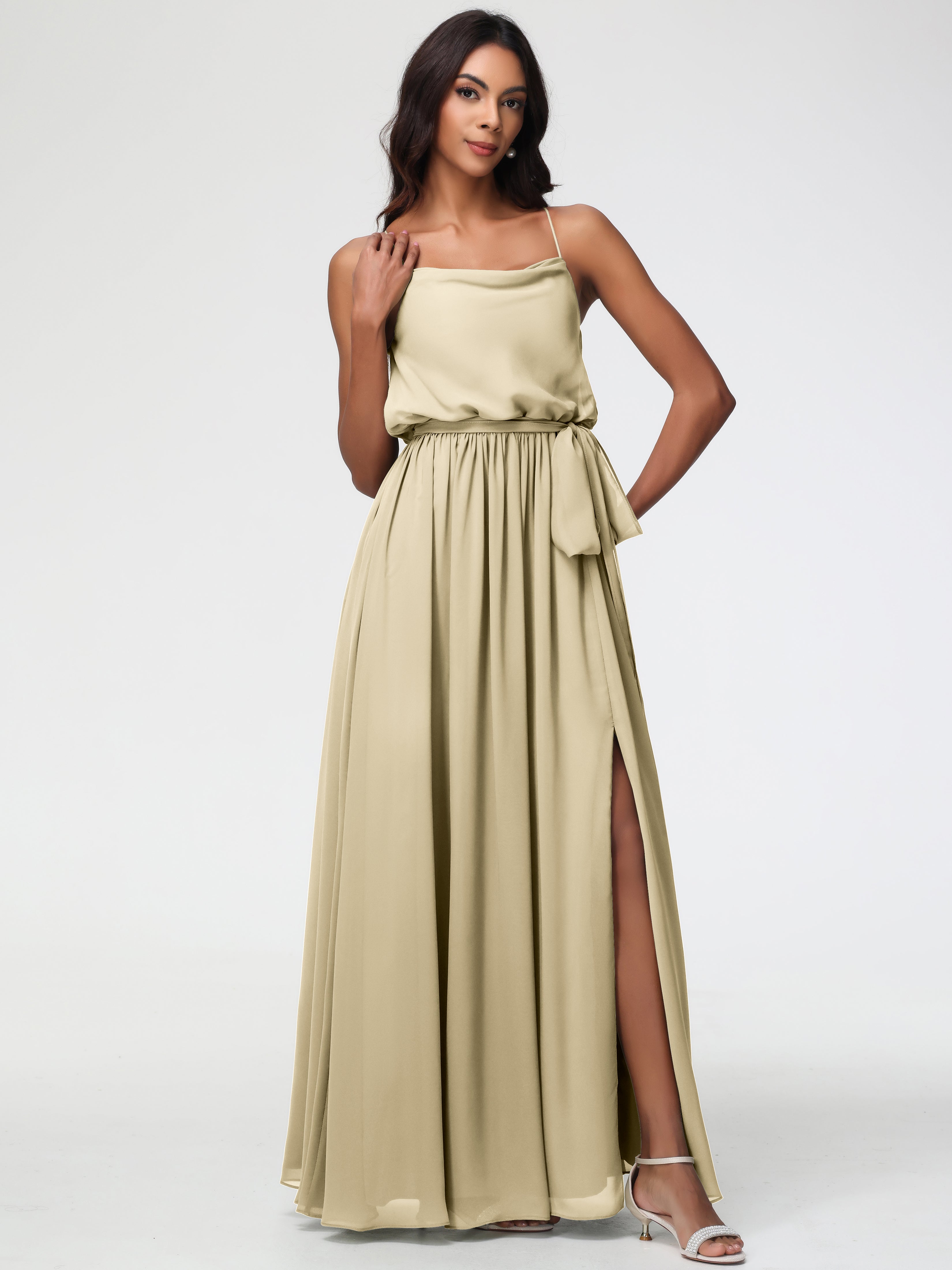 Robe Demoiselle D Honneur Couleur Champagne Bretelles Spaghetti Col Bénitier Trapèze Mousseline Robe Demoiselle D'Honneur