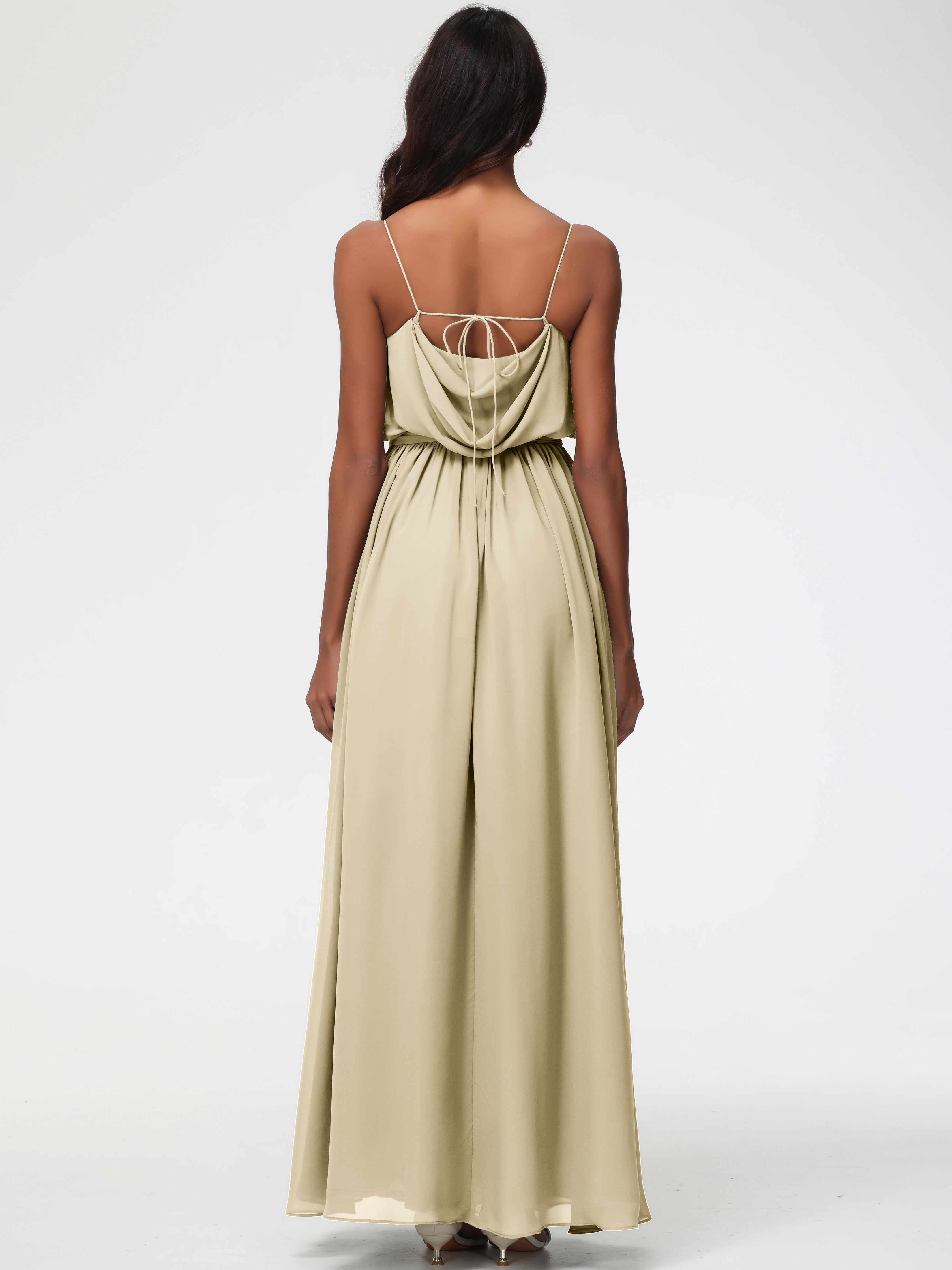 Robe Demoiselle D Honneur Couleur Champagne Bretelles Spaghetti Col Bénitier Trapèze Mousseline Robe Demoiselle D'Honneur