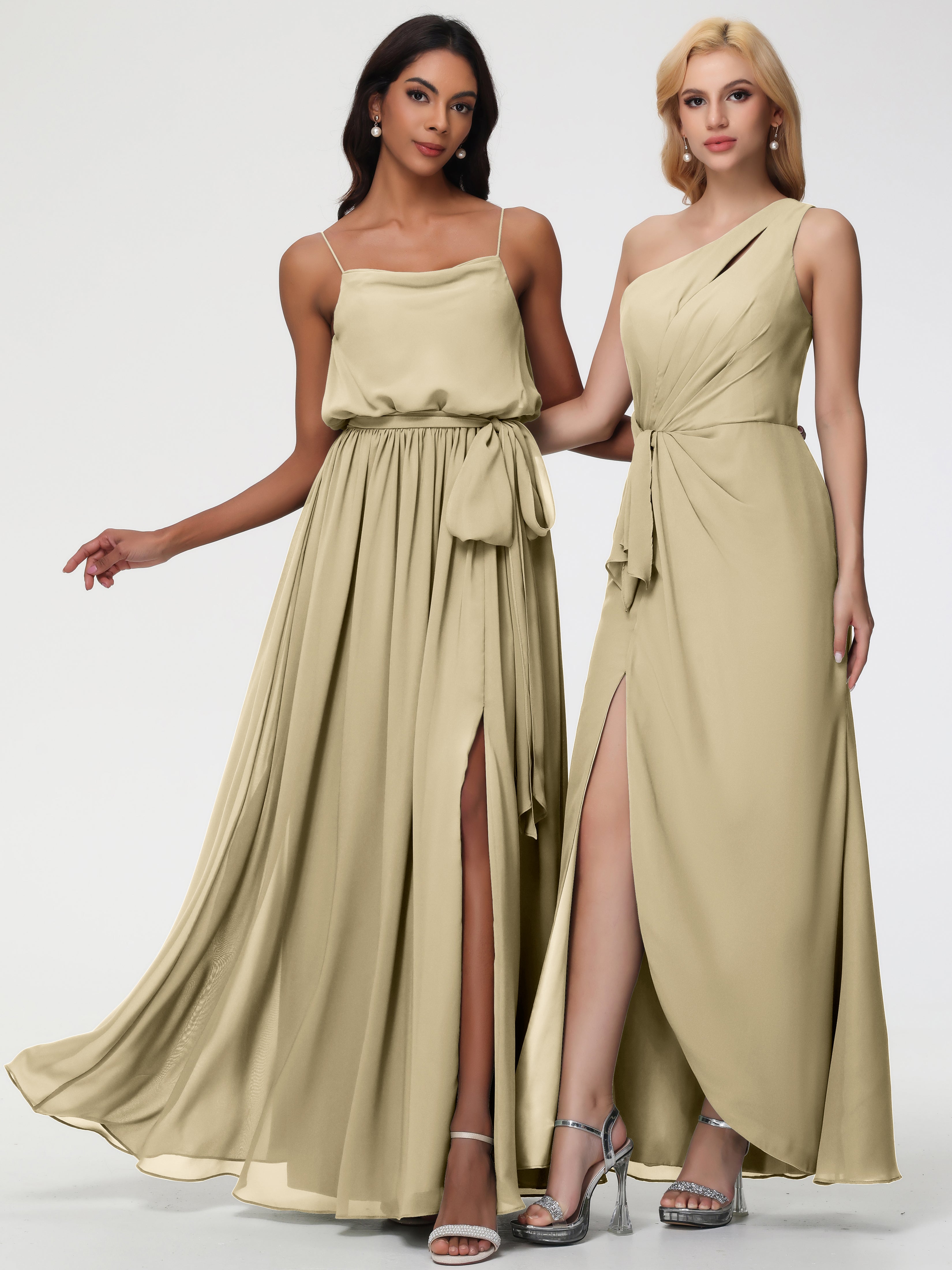 Robe Demoiselle D Honneur Couleur Champagne Bretelles Spaghetti Col Bénitier Trapèze Mousseline Robe Demoiselle D'Honneur