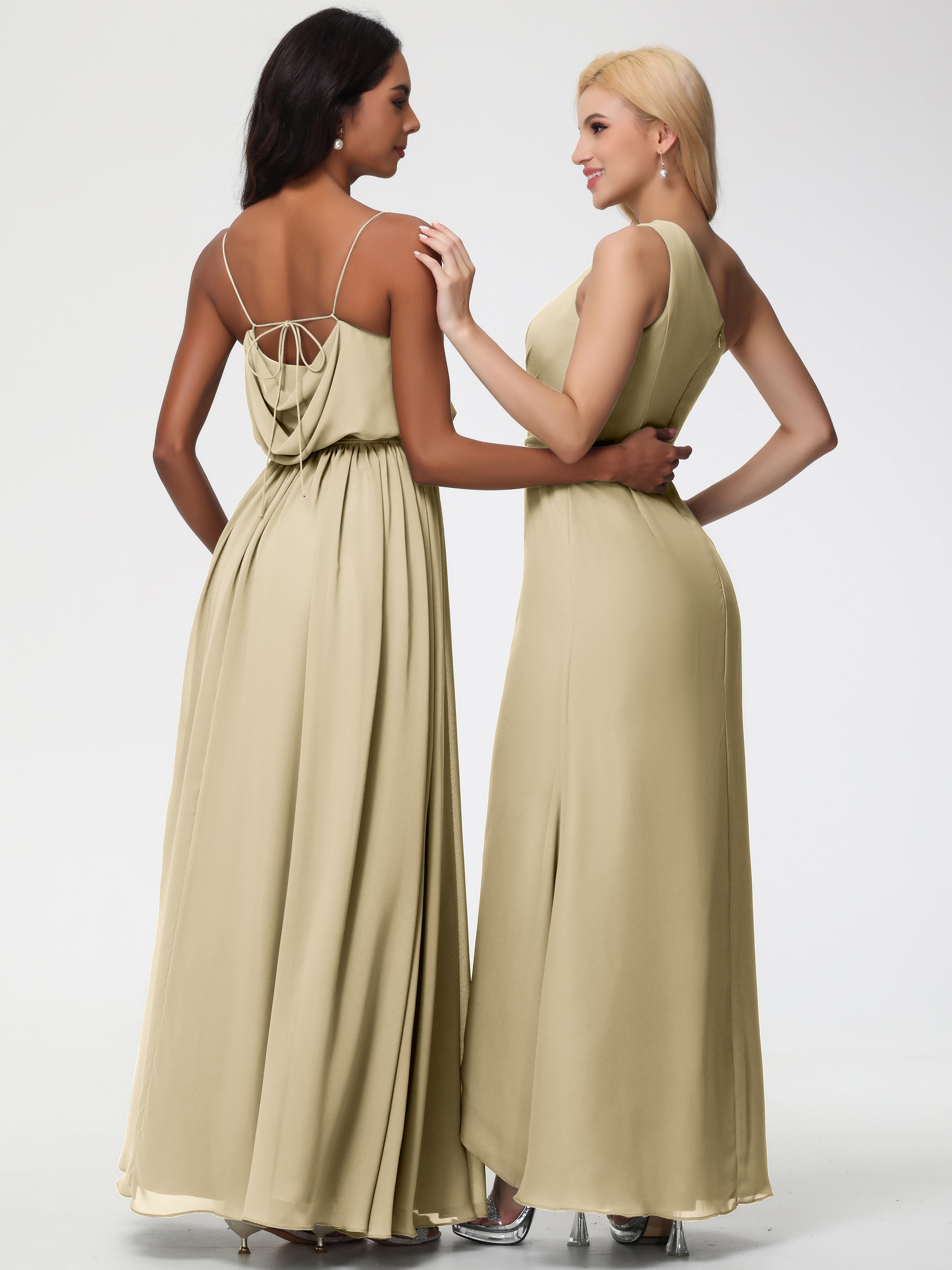 Robe Demoiselle D Honneur Couleur Champagne Bretelles Spaghetti Col Bénitier Trapèze Mousseline Robe Demoiselle D'Honneur