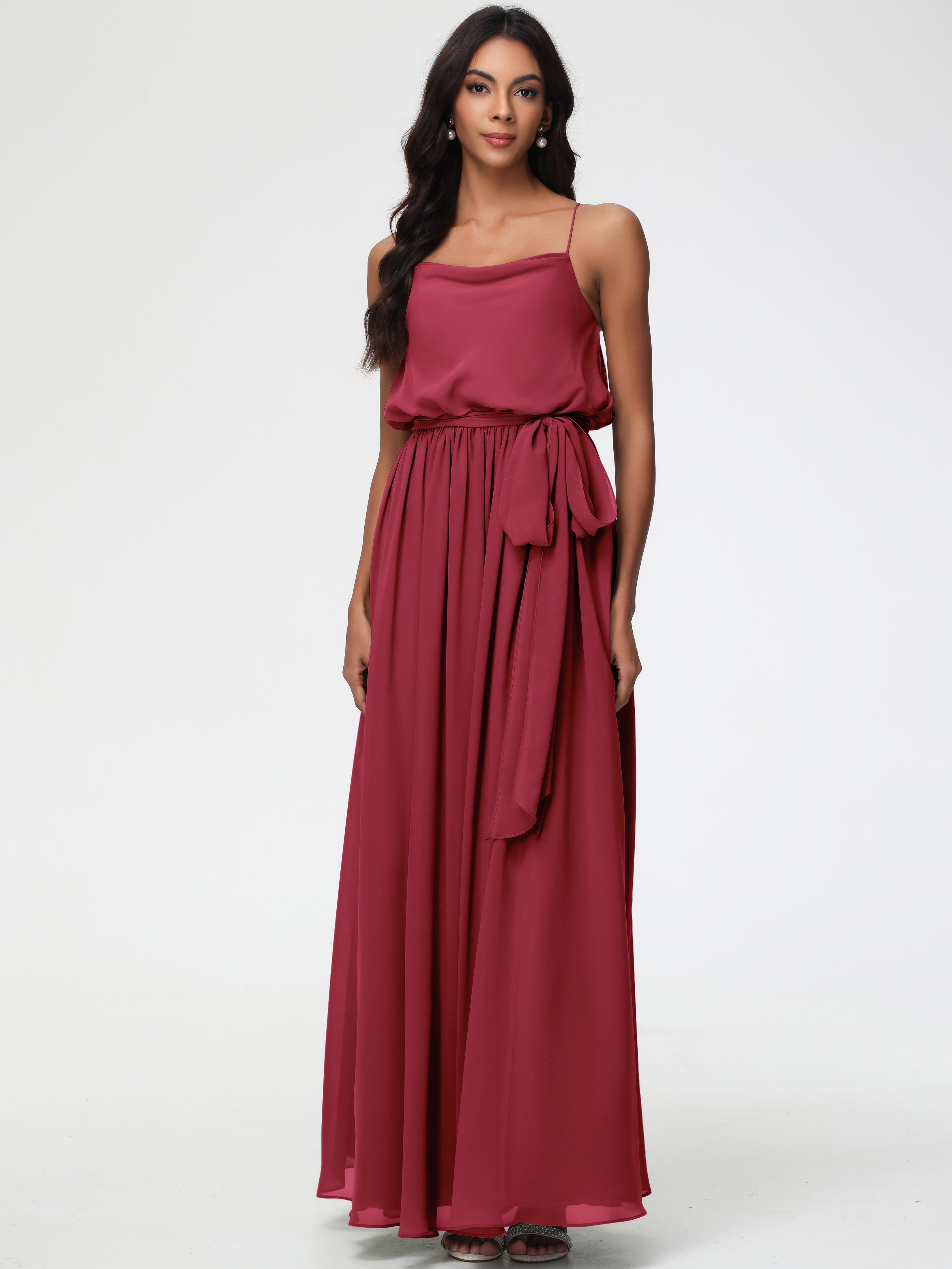 Rose Cannelle Bretelles Spaghetti Col Bénitier Trapèze Mousseline Robe Demoiselle D'Honneur