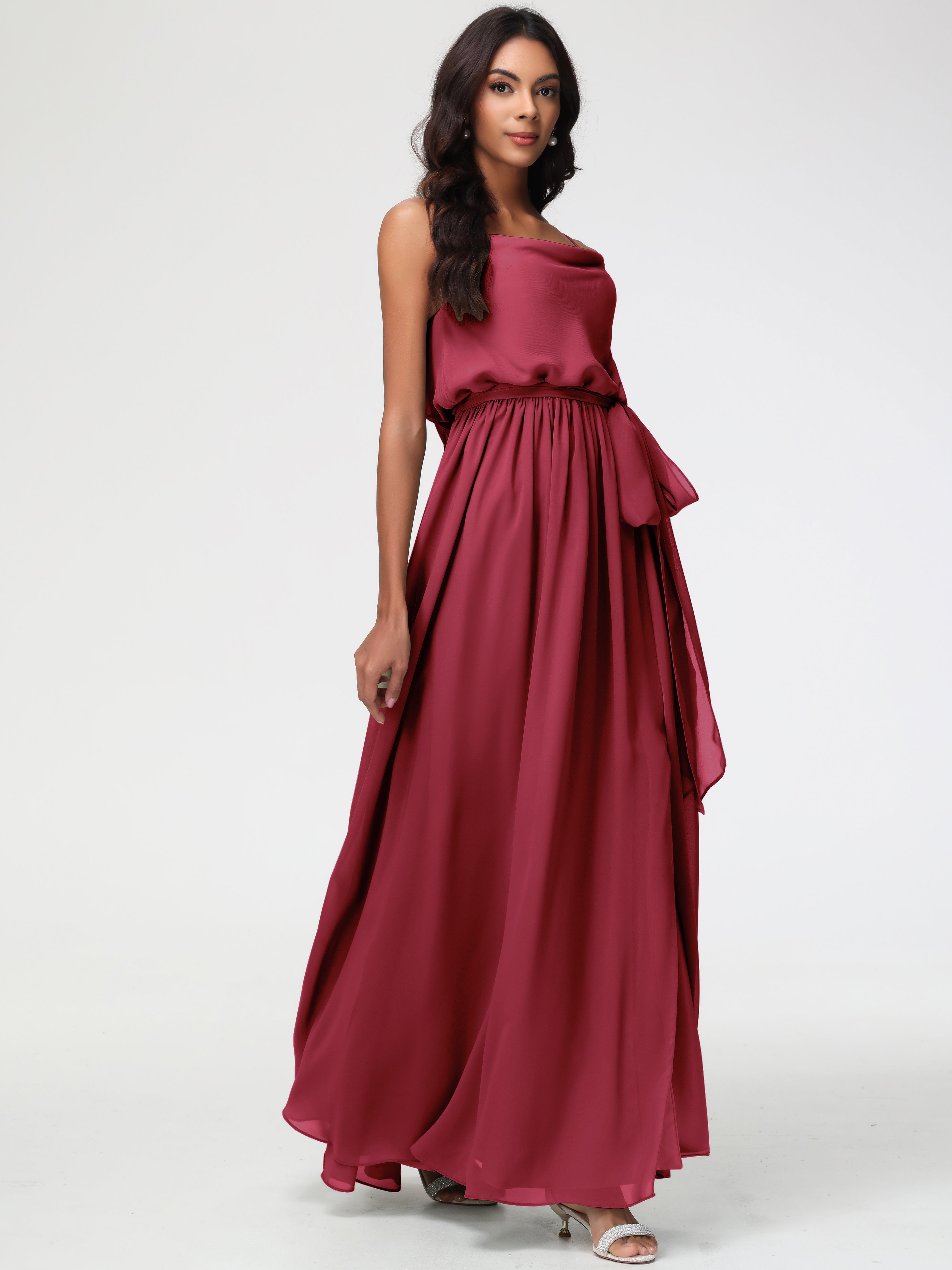 Rose Cannelle Bretelles Spaghetti Col Bénitier Trapèze Mousseline Robe Demoiselle D'Honneur