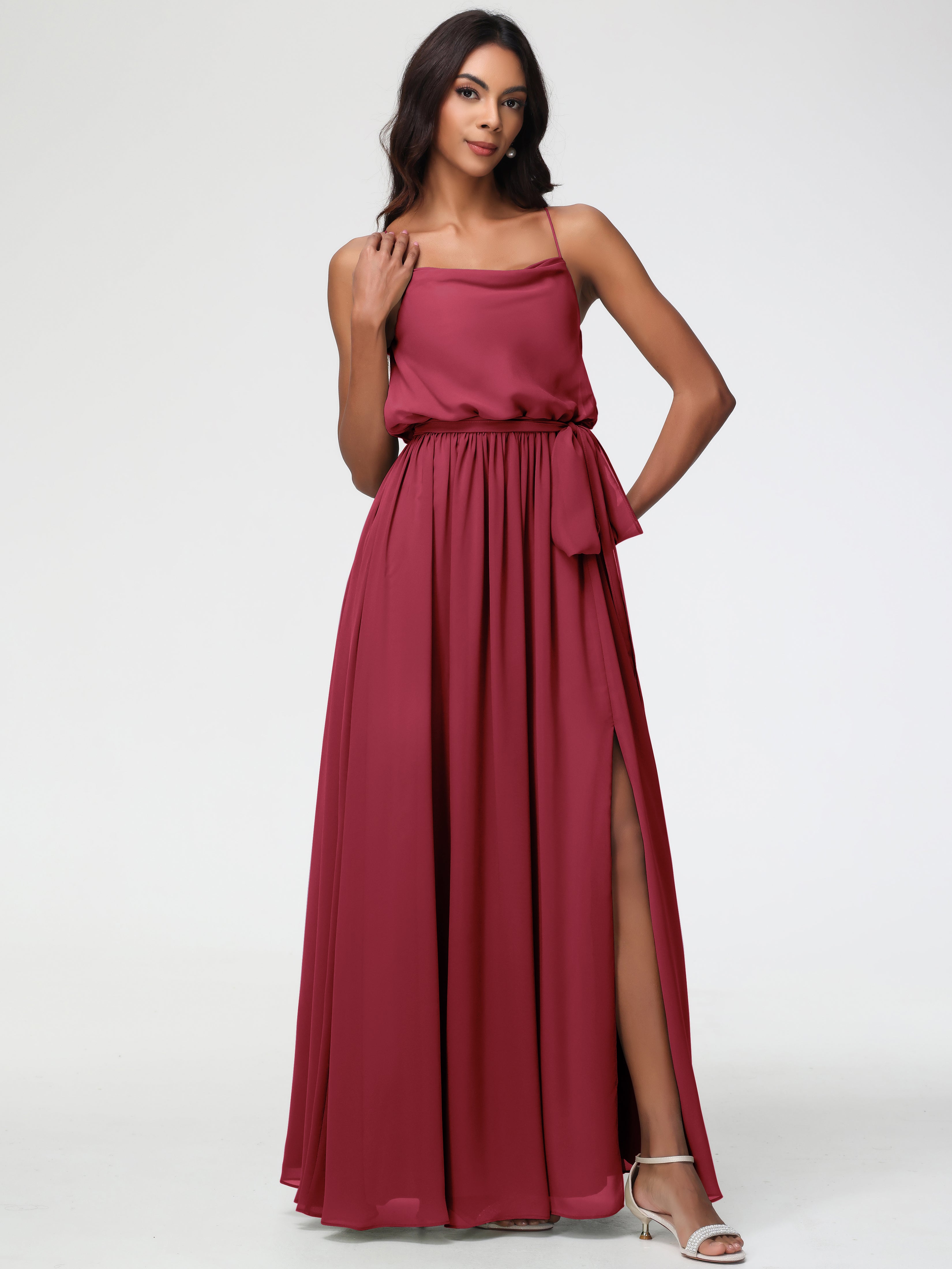 Rose Cannelle Bretelles Spaghetti Col Bénitier Trapèze Mousseline Robe Demoiselle D'Honneur