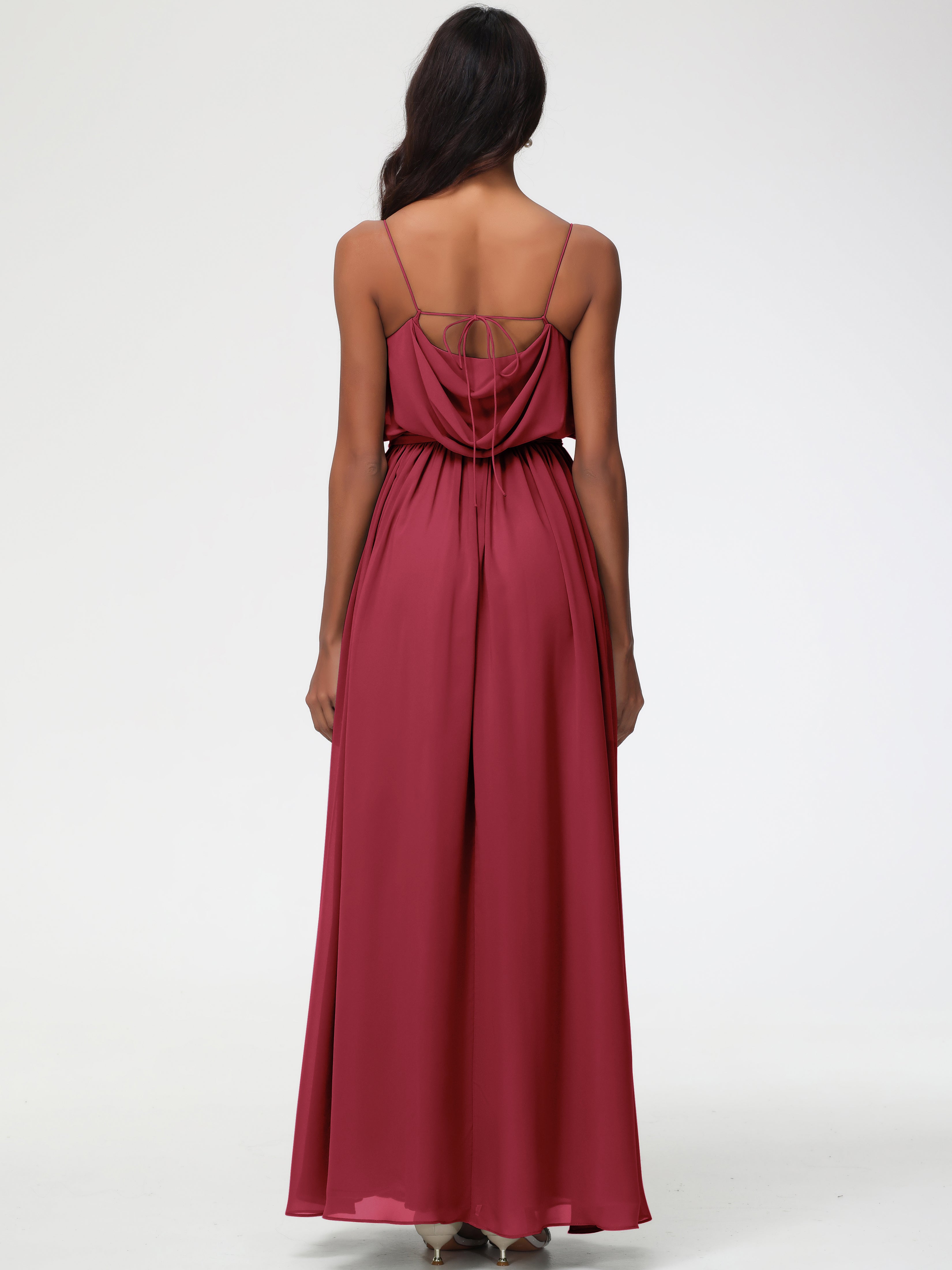 Rose Cannelle Bretelles Spaghetti Col Bénitier Trapèze Mousseline Robe Demoiselle D'Honneur