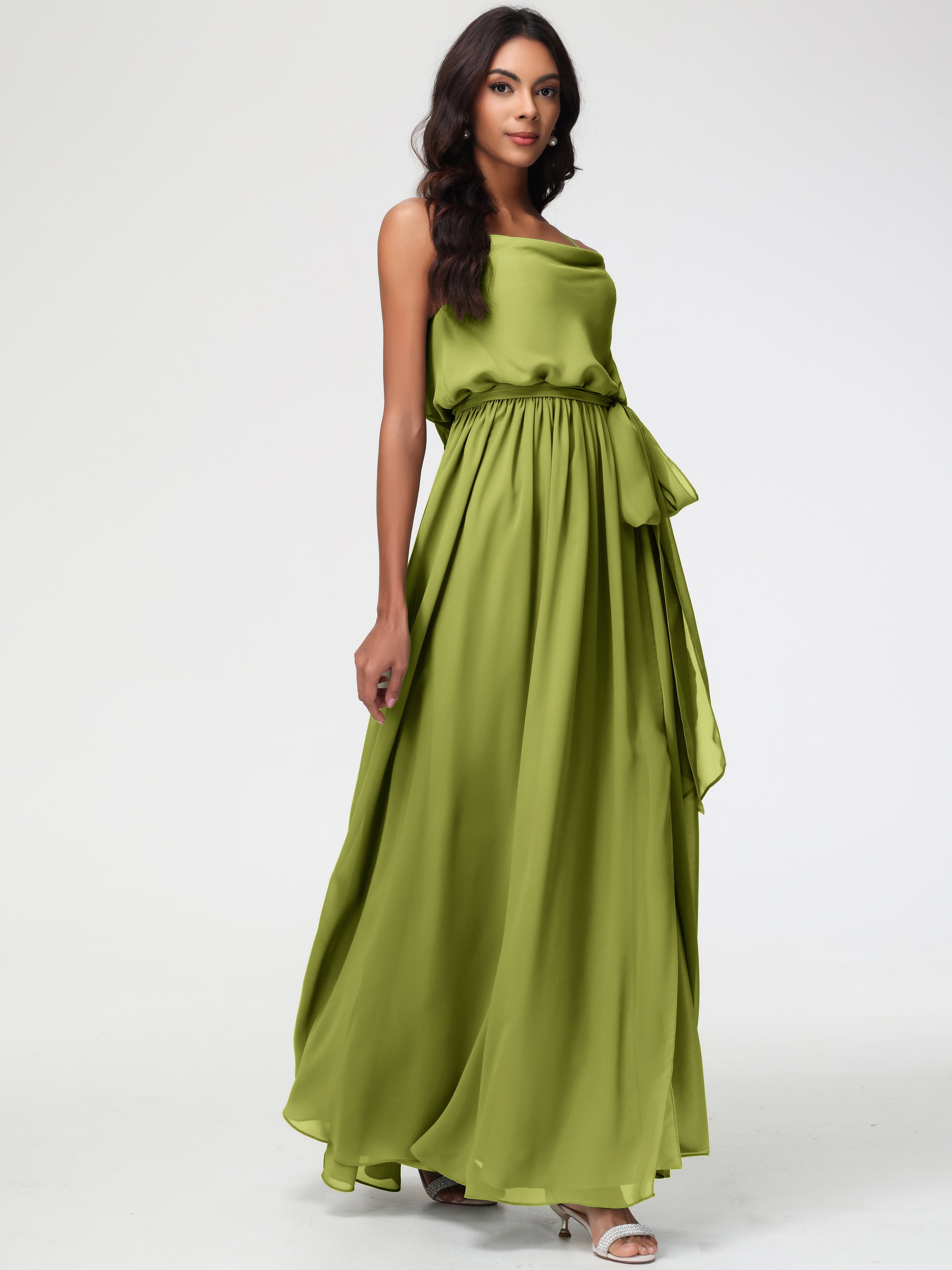 Robes De Demoiselle D'Honneur Trèfle Bretelles Spaghetti Col Bénitier Trapèze Mousseline Robe Demoiselle D'Honneur