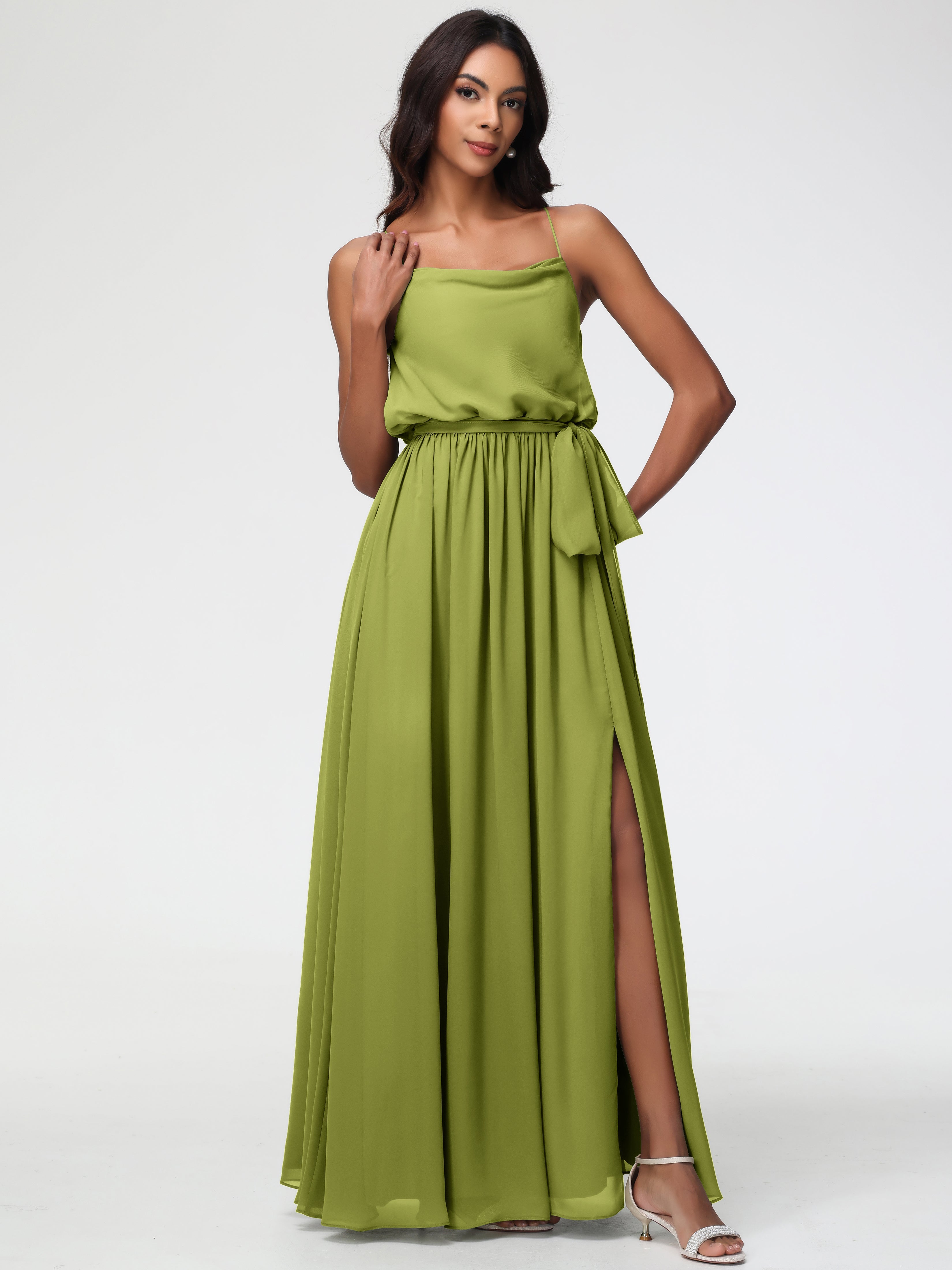 Robes De Demoiselle D'Honneur Trèfle Bretelles Spaghetti Col Bénitier Trapèze Mousseline Robe Demoiselle D'Honneur