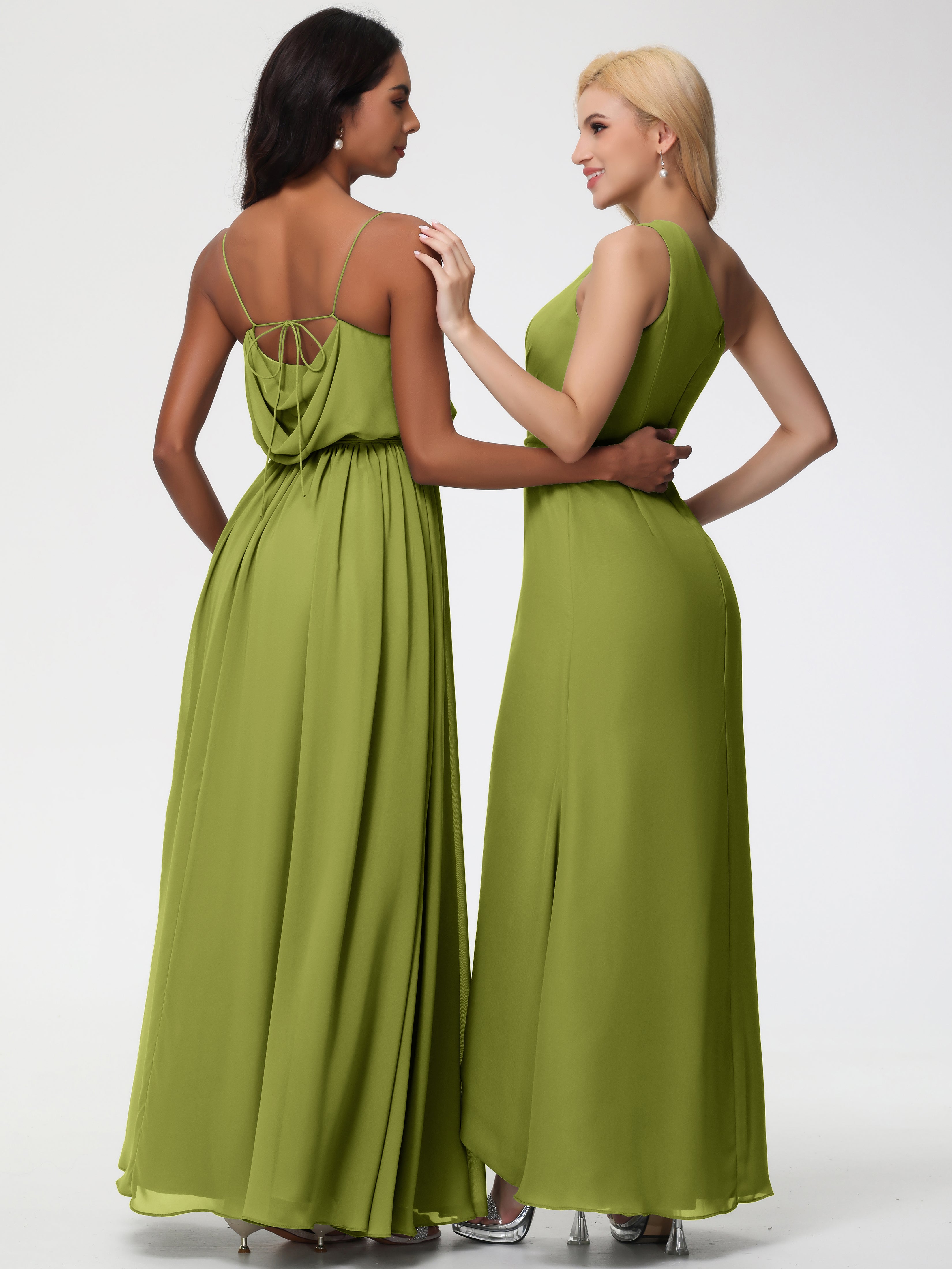 Robes De Demoiselle D'Honneur Trèfle Bretelles Spaghetti Col Bénitier Trapèze Mousseline Robe Demoiselle D'Honneur