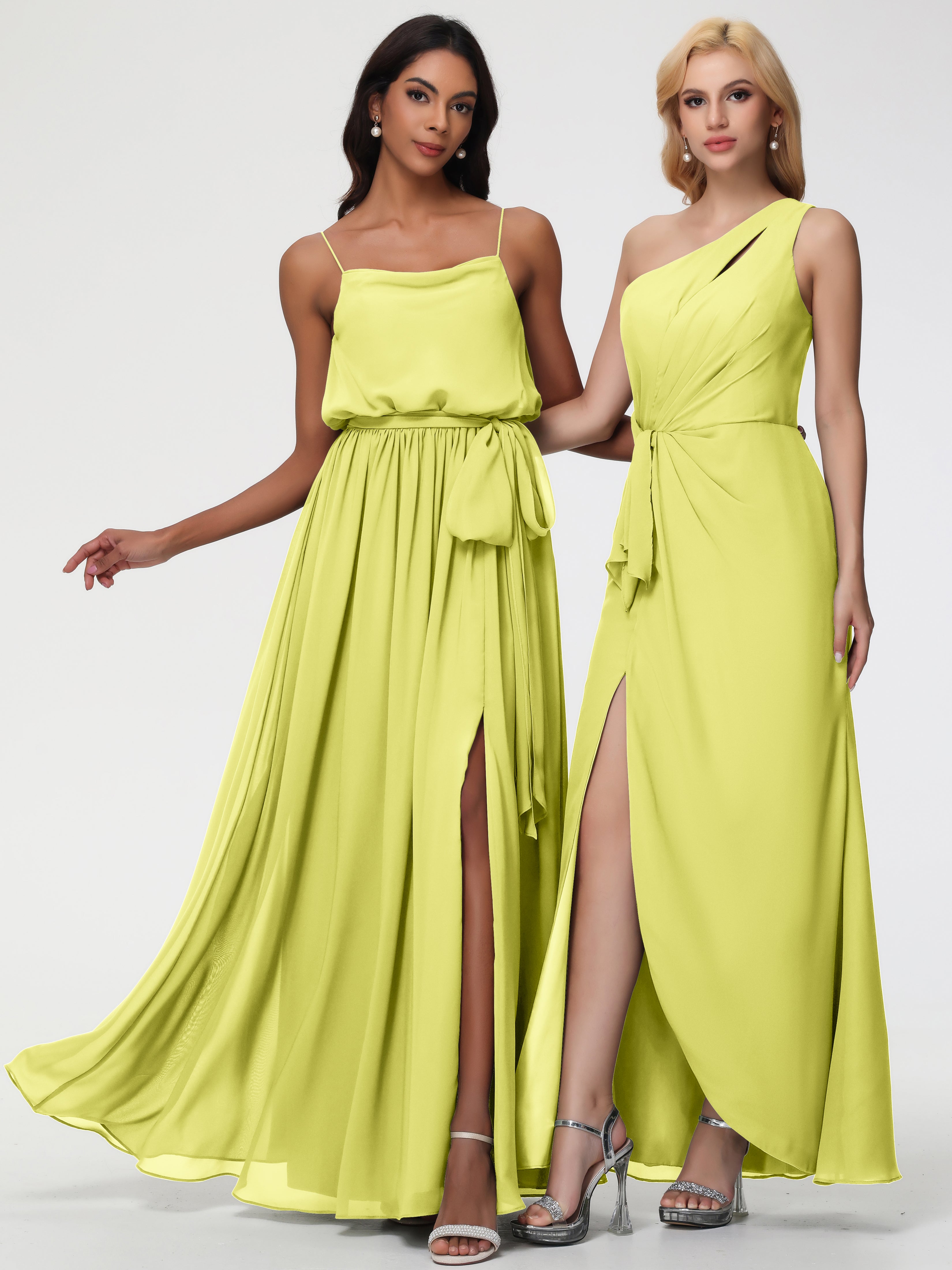 Robes De Demoiselle D'Honneur Jonquille Bretelles Spaghetti Col Bénitier Trapèze Mousseline Robe Demoiselle D'Honneur