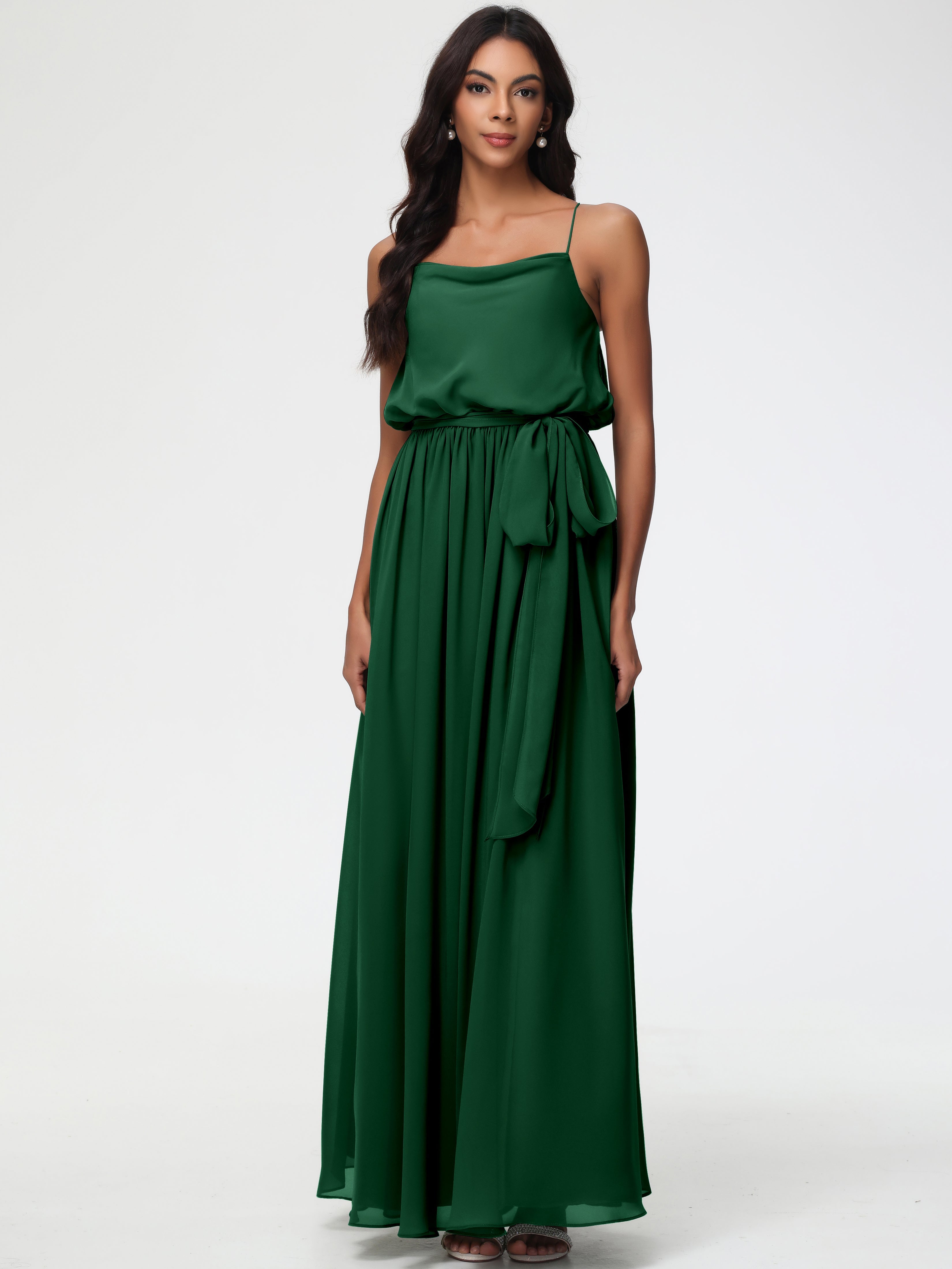 Robe Demoiselle D Honneur Vert Fonce Bretelles Spaghetti Col Bénitier Trapèze Mousseline Robe Demoiselle D'Honneur