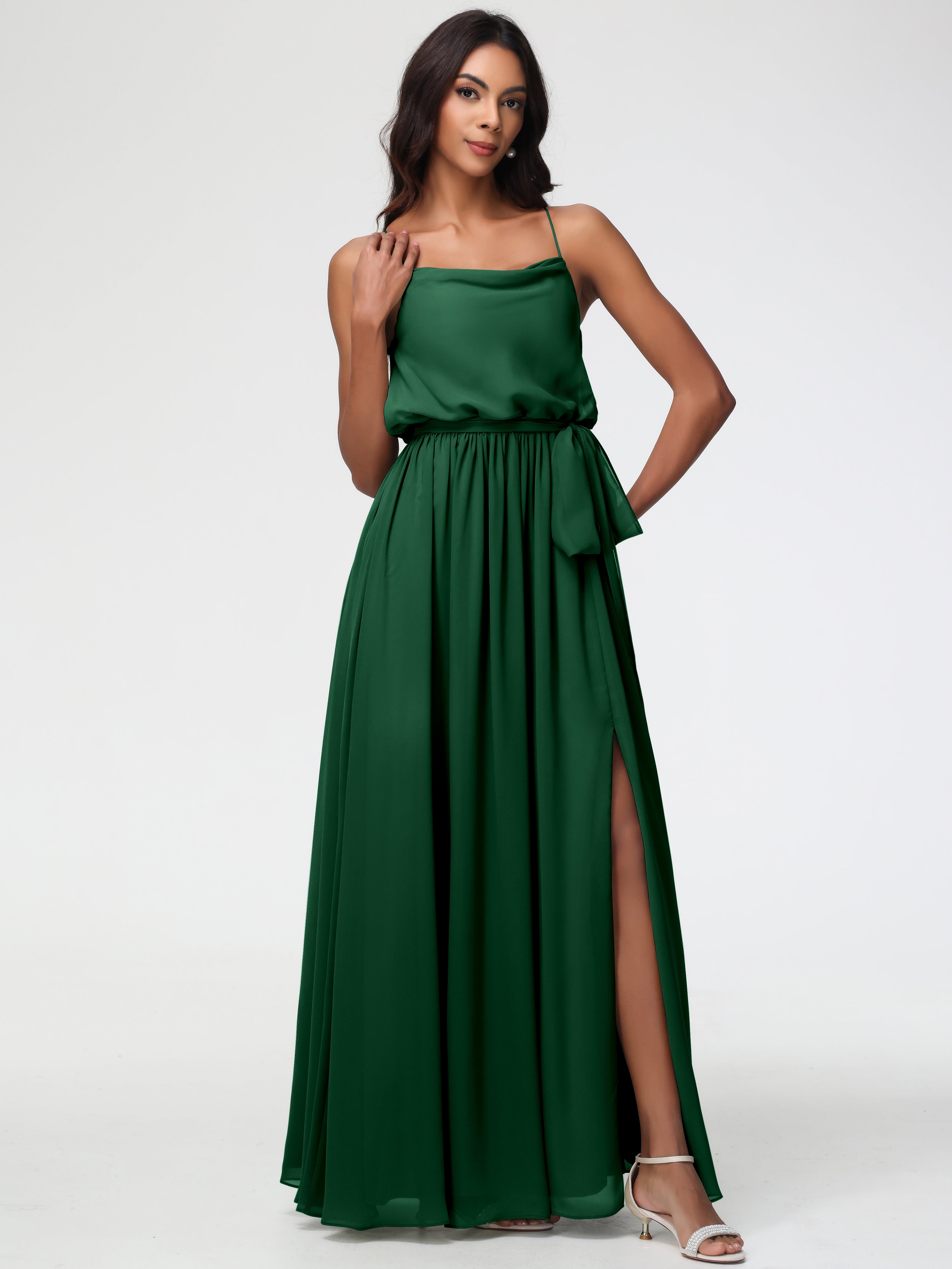Robe Demoiselle D Honneur Vert Fonce Bretelles Spaghetti Col Bénitier Trapèze Mousseline Robe Demoiselle D'Honneur