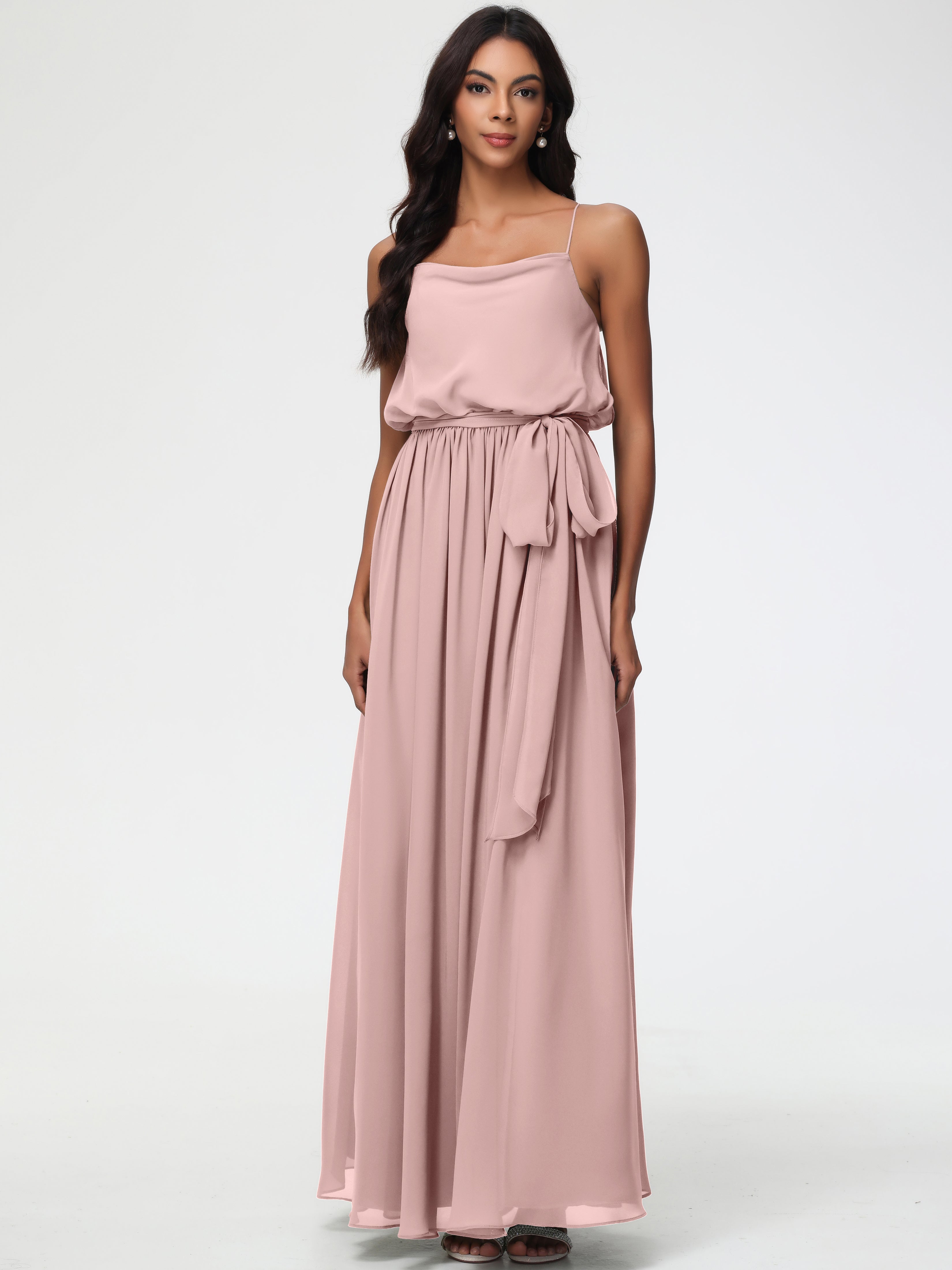 Robe Rose Poudré Demoiselle D Honneur Bretelles Spaghetti Col Bénitier Trapèze Mousseline Robe Demoiselle D'Honneur