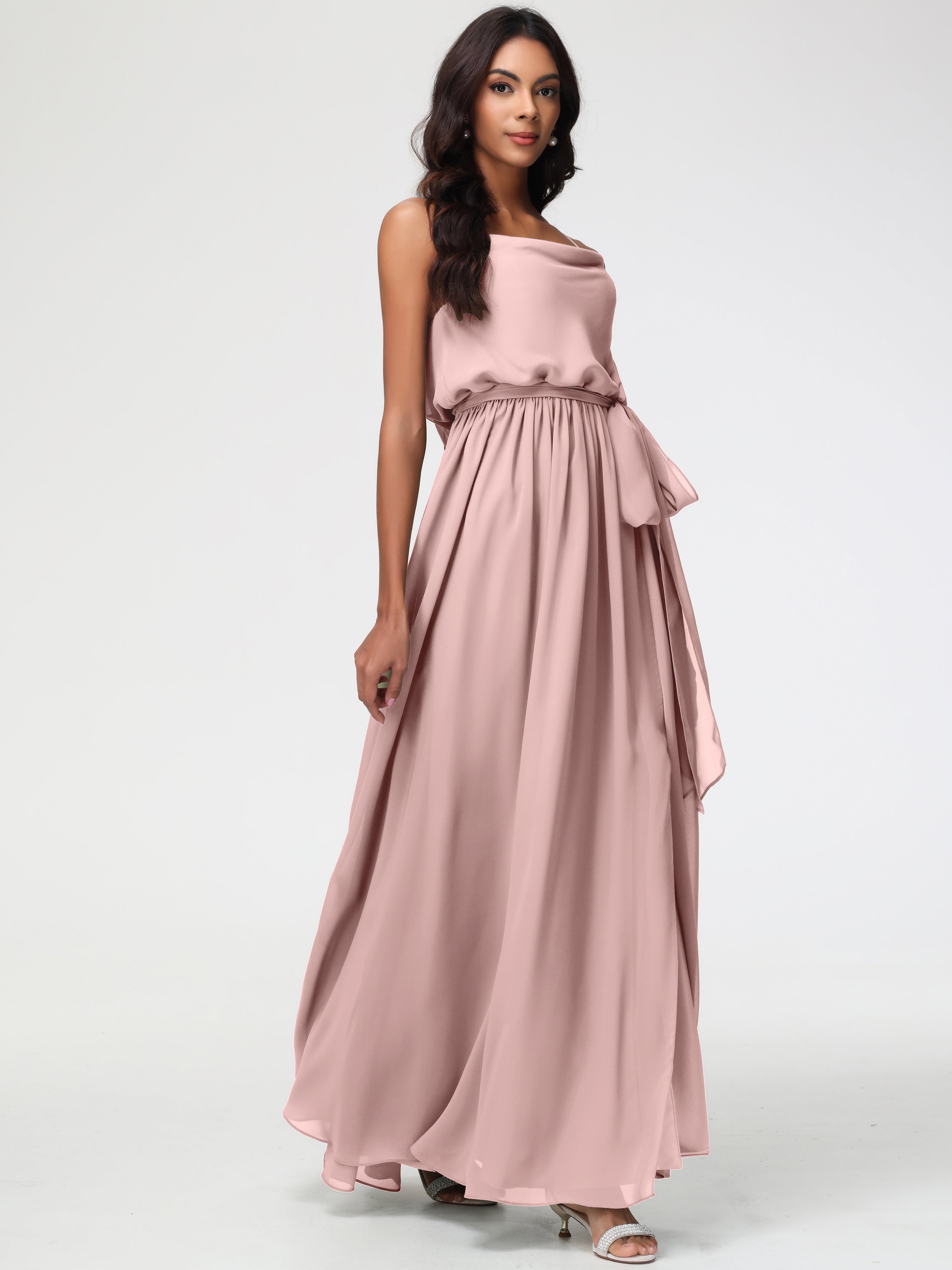 Robe Rose Poudré Demoiselle D Honneur Bretelles Spaghetti Col Bénitier Trapèze Mousseline Robe Demoiselle D'Honneur