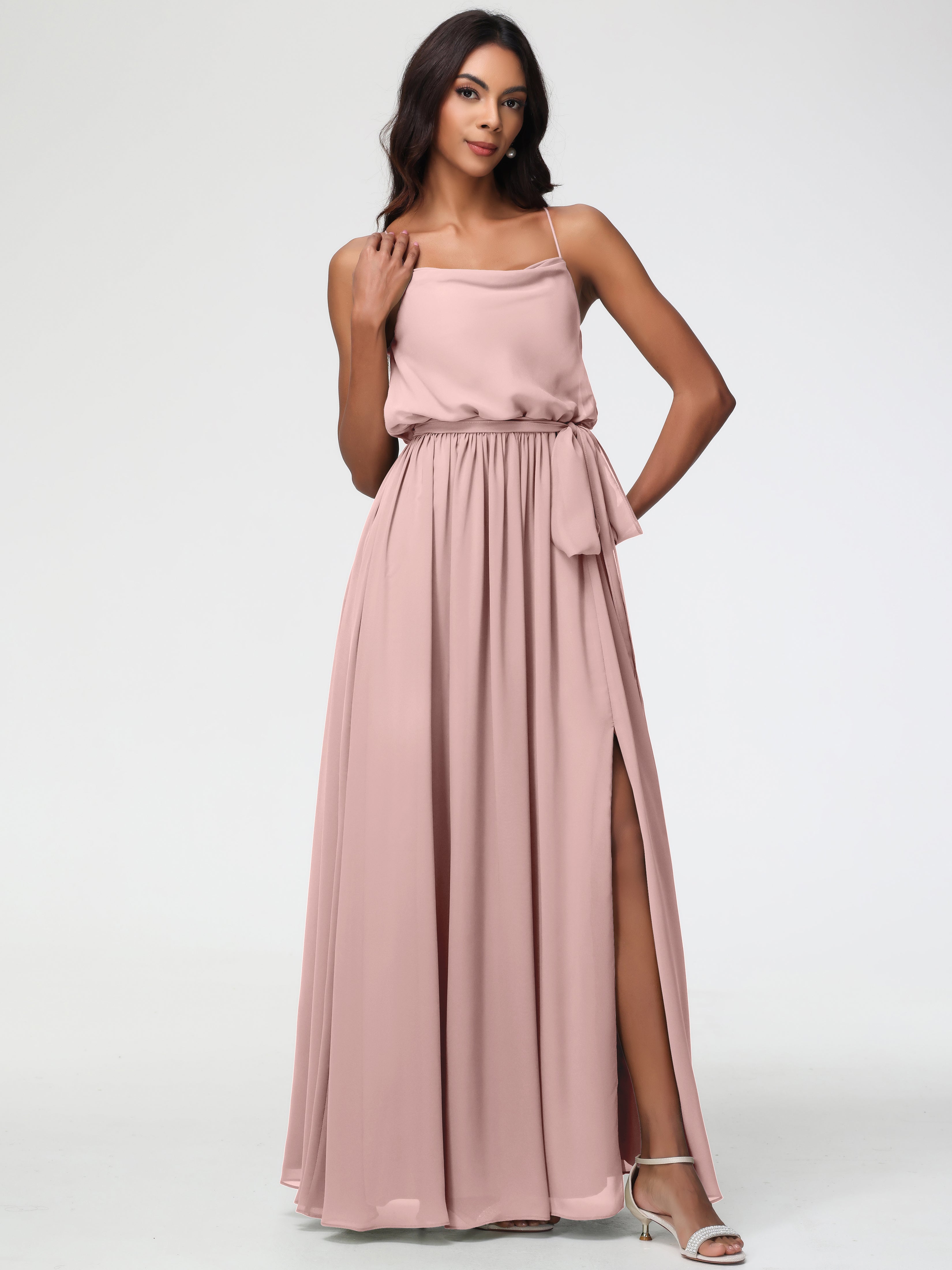 Robe Rose Poudré Demoiselle D Honneur Bretelles Spaghetti Col Bénitier Trapèze Mousseline Robe Demoiselle D'Honneur