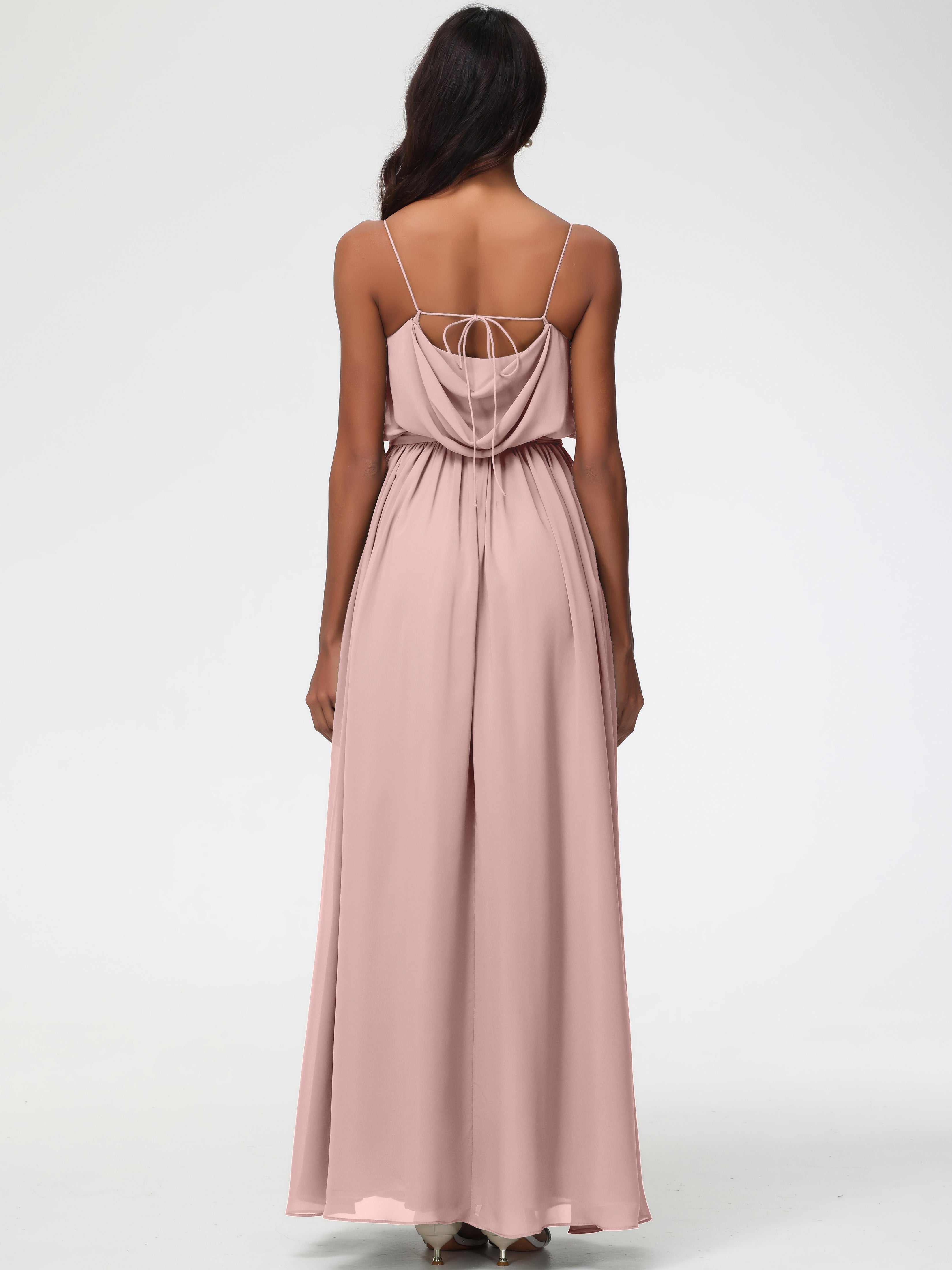 Robe Rose Poudré Demoiselle D Honneur Bretelles Spaghetti Col Bénitier Trapèze Mousseline Robe Demoiselle D'Honneur