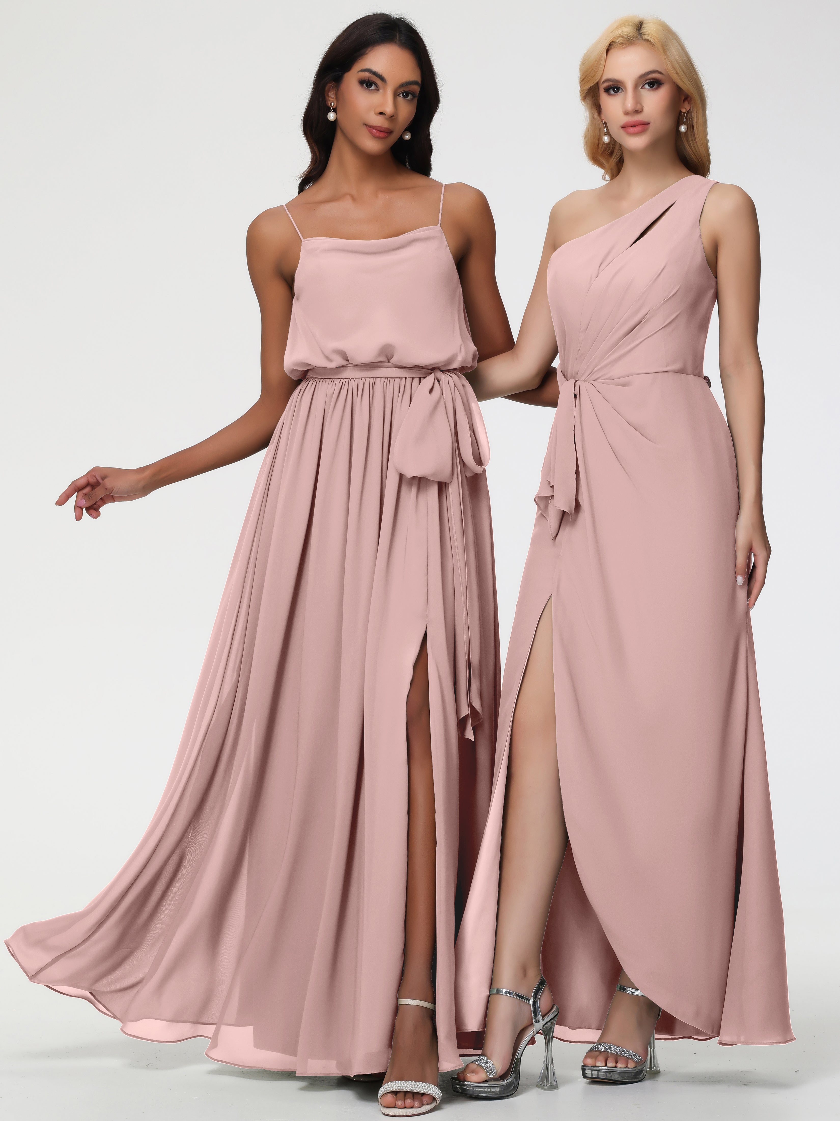Robe Rose Poudré Demoiselle D Honneur Bretelles Spaghetti Col Bénitier Trapèze Mousseline Robe Demoiselle D'Honneur