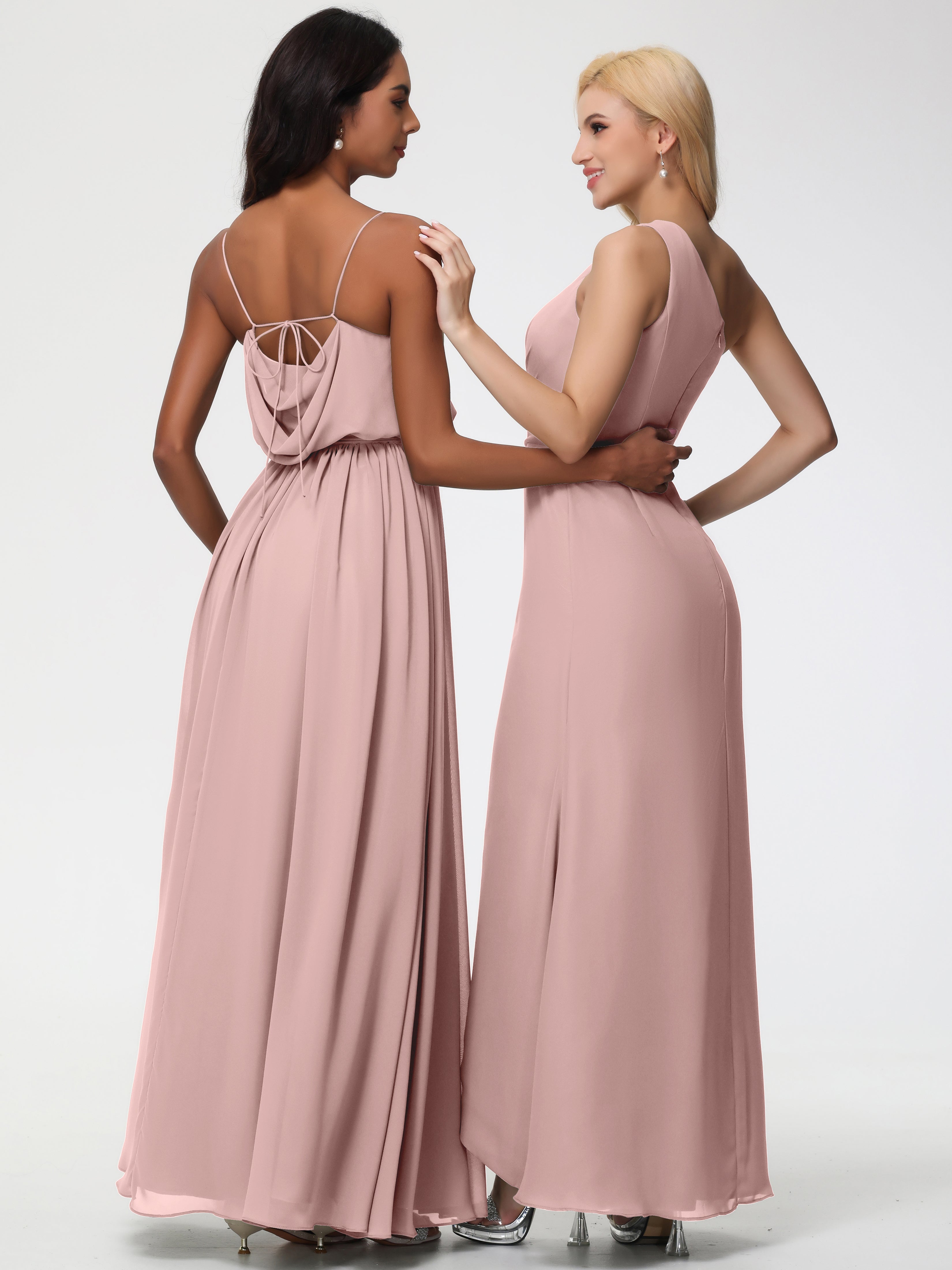 Robe Rose Poudré Demoiselle D Honneur Bretelles Spaghetti Col Bénitier Trapèze Mousseline Robe Demoiselle D'Honneur