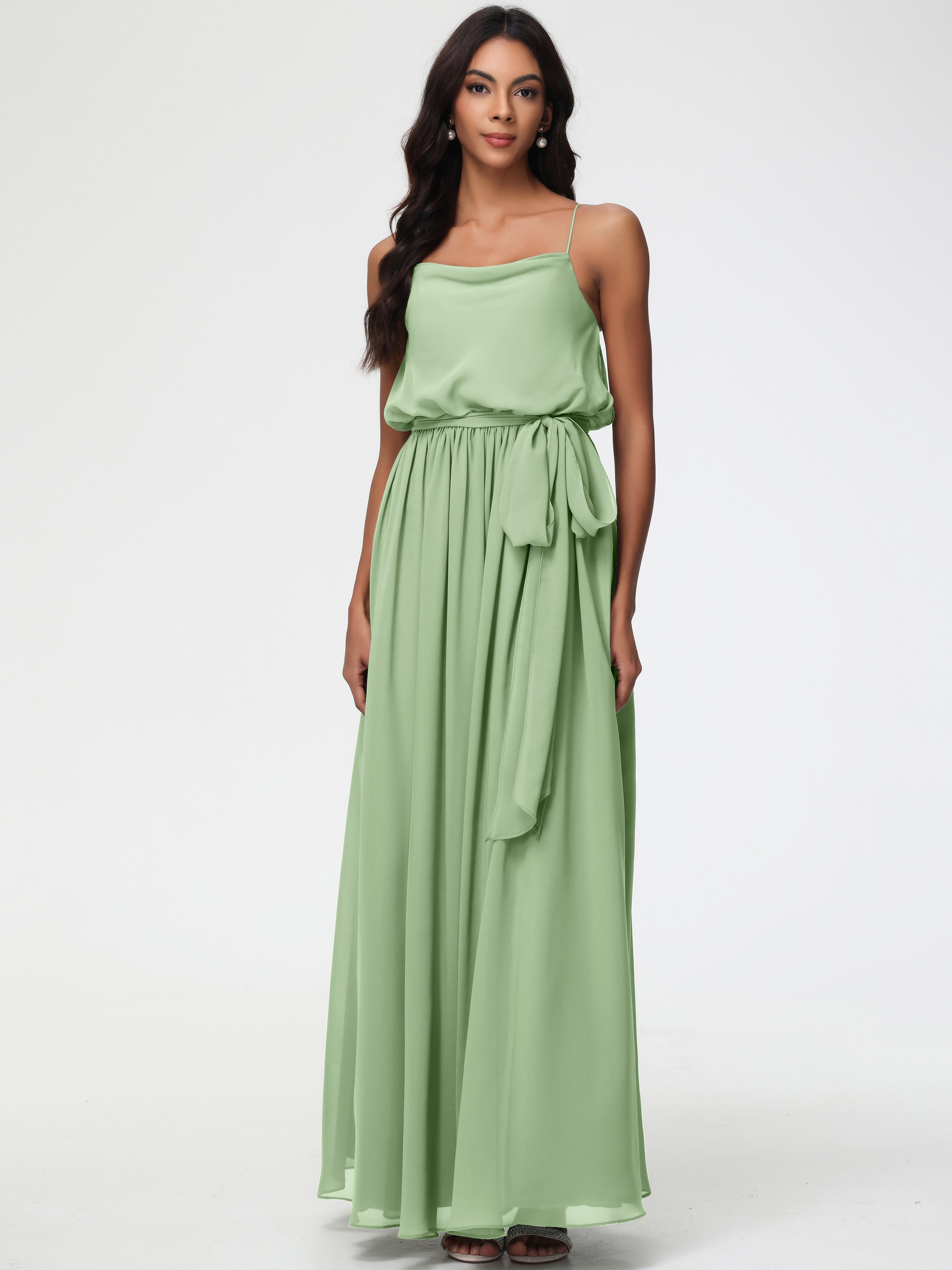 Robe Demoiselle D Honneur Sauge Poudré Bretelles Spaghetti Col Bénitier Trapèze Mousseline Robe Demoiselle D'Honneur