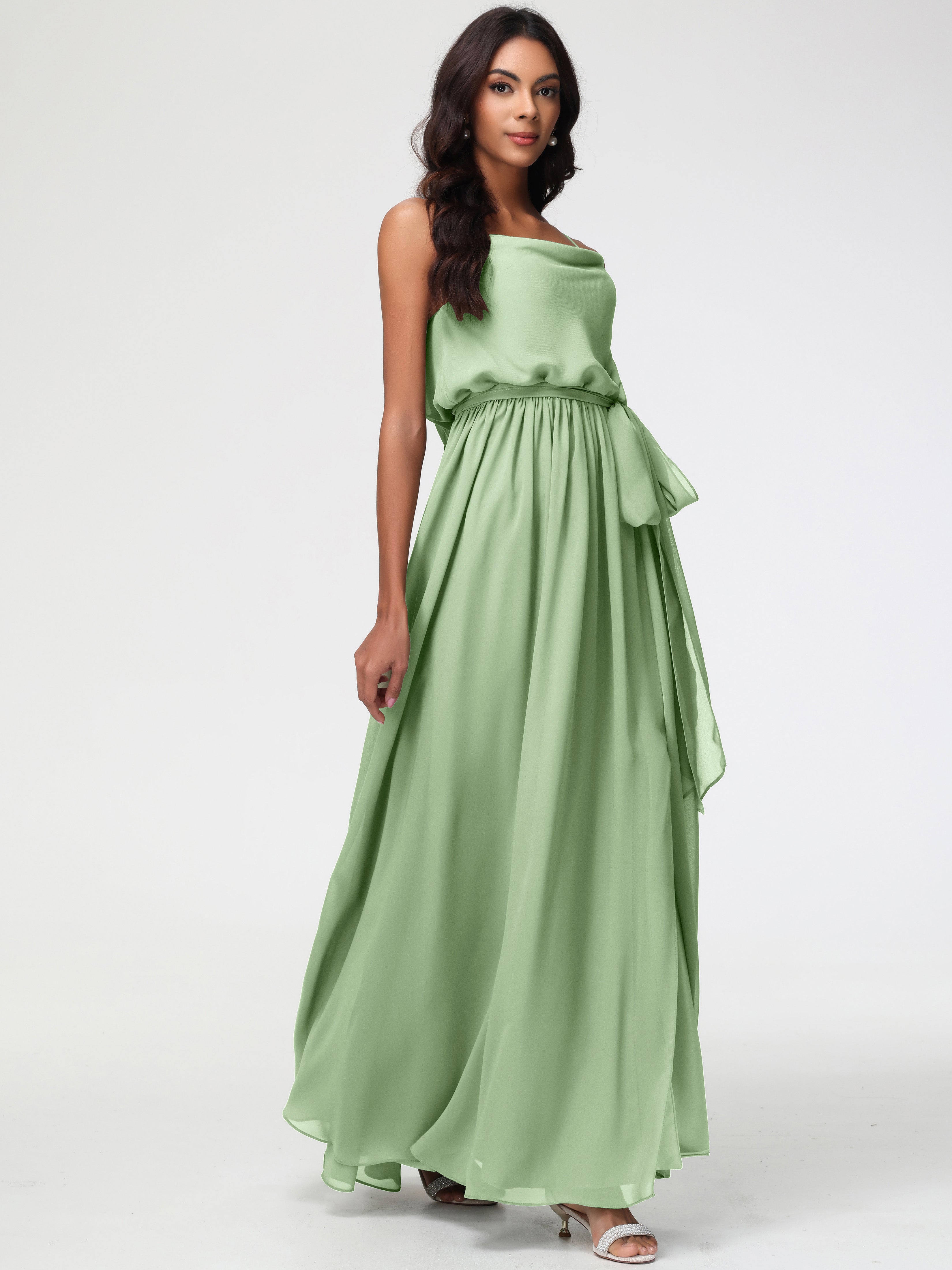 Robe Demoiselle D Honneur Sauge Poudré Bretelles Spaghetti Col Bénitier Trapèze Mousseline Robe Demoiselle D'Honneur