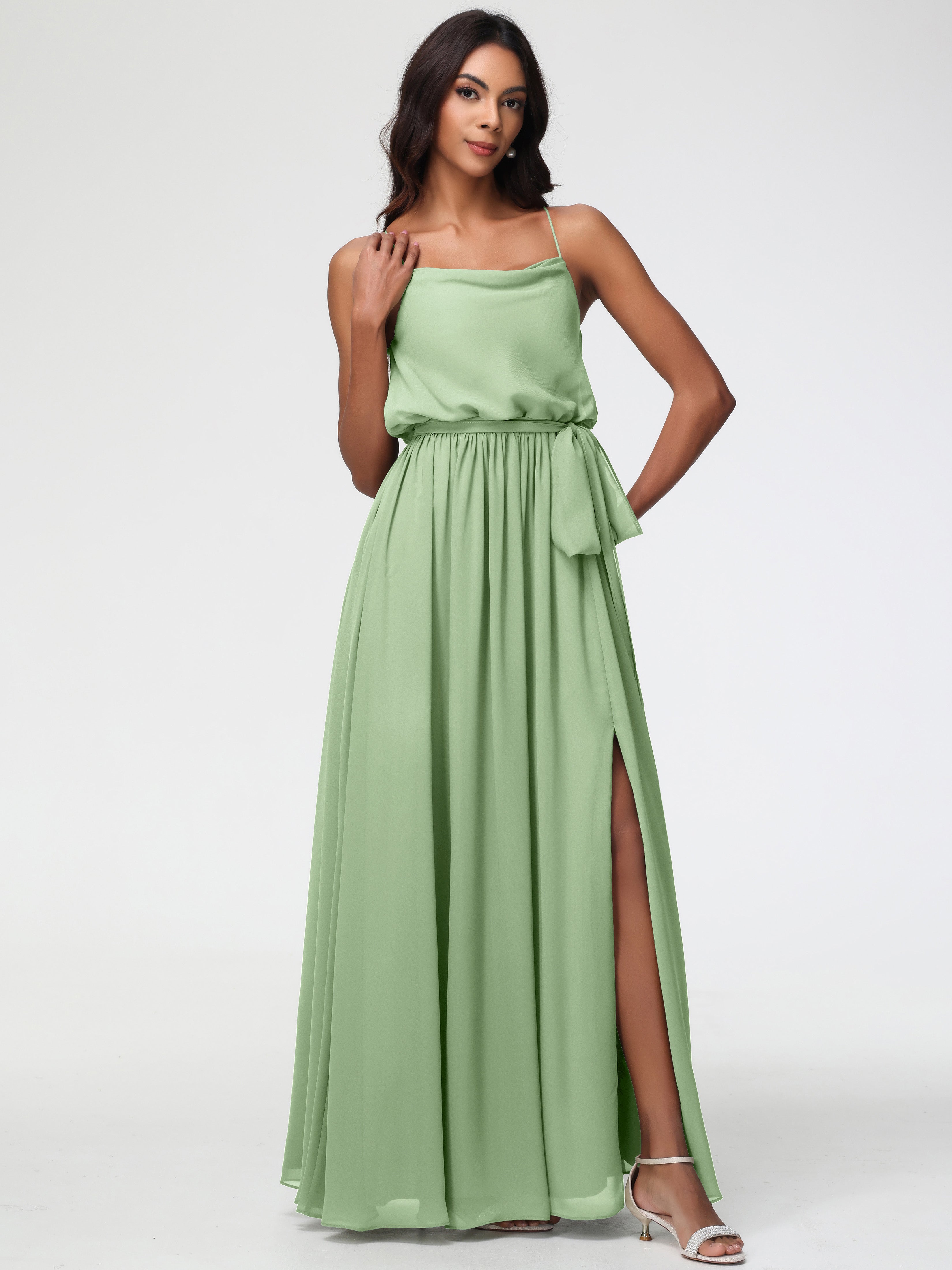 Robe Demoiselle D Honneur Sauge Poudré Bretelles Spaghetti Col Bénitier Trapèze Mousseline Robe Demoiselle D'Honneur