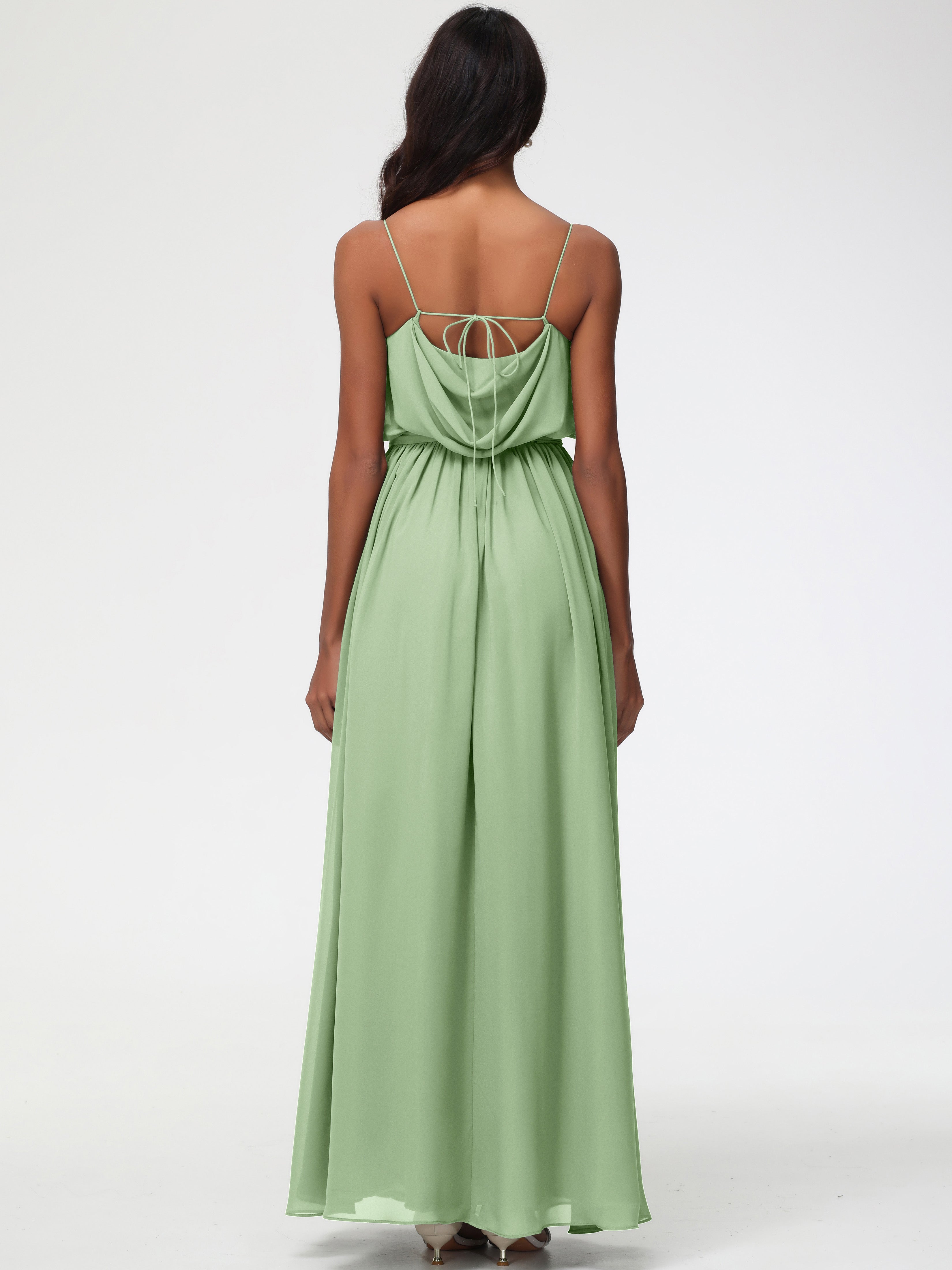 Robe Demoiselle D Honneur Sauge Poudré Bretelles Spaghetti Col Bénitier Trapèze Mousseline Robe Demoiselle D'Honneur