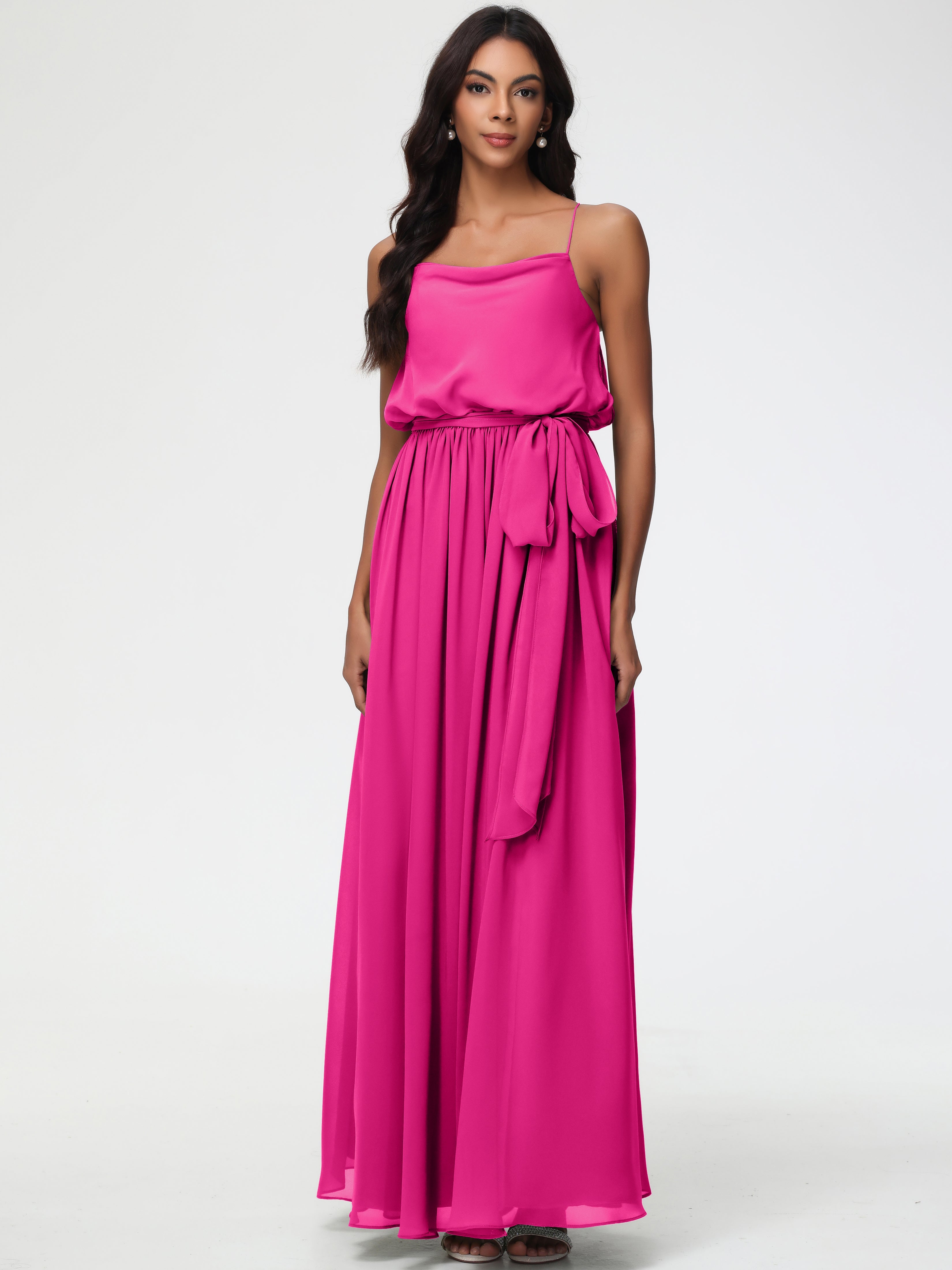 Robe Fuchsia Demoiselle D Honneur Bretelles Spaghetti Col Bénitier Trapèze Mousseline Robe Demoiselle D'Honneur
