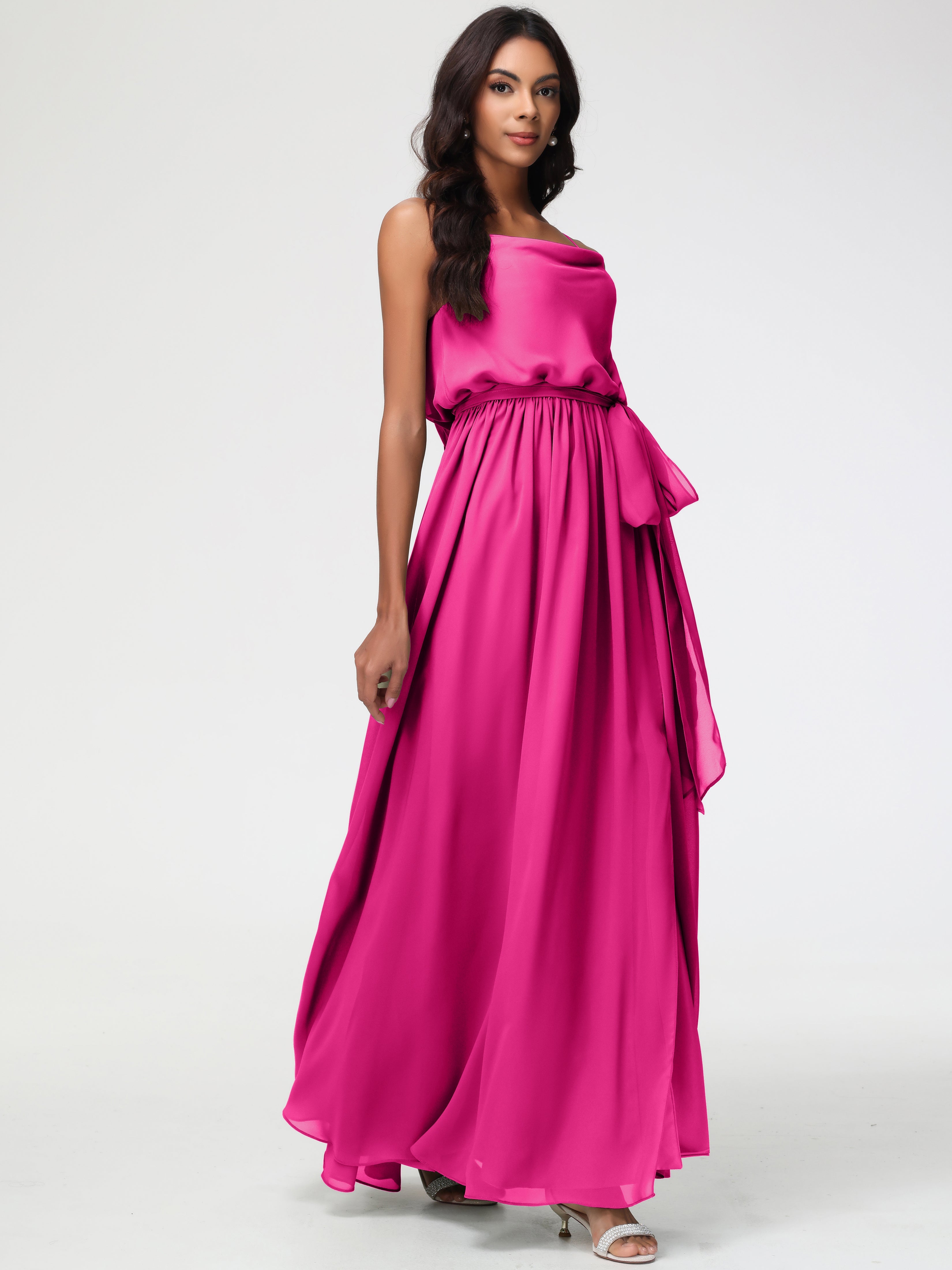 Robe Fuchsia Demoiselle D Honneur Bretelles Spaghetti Col Bénitier Trapèze Mousseline Robe Demoiselle D'Honneur