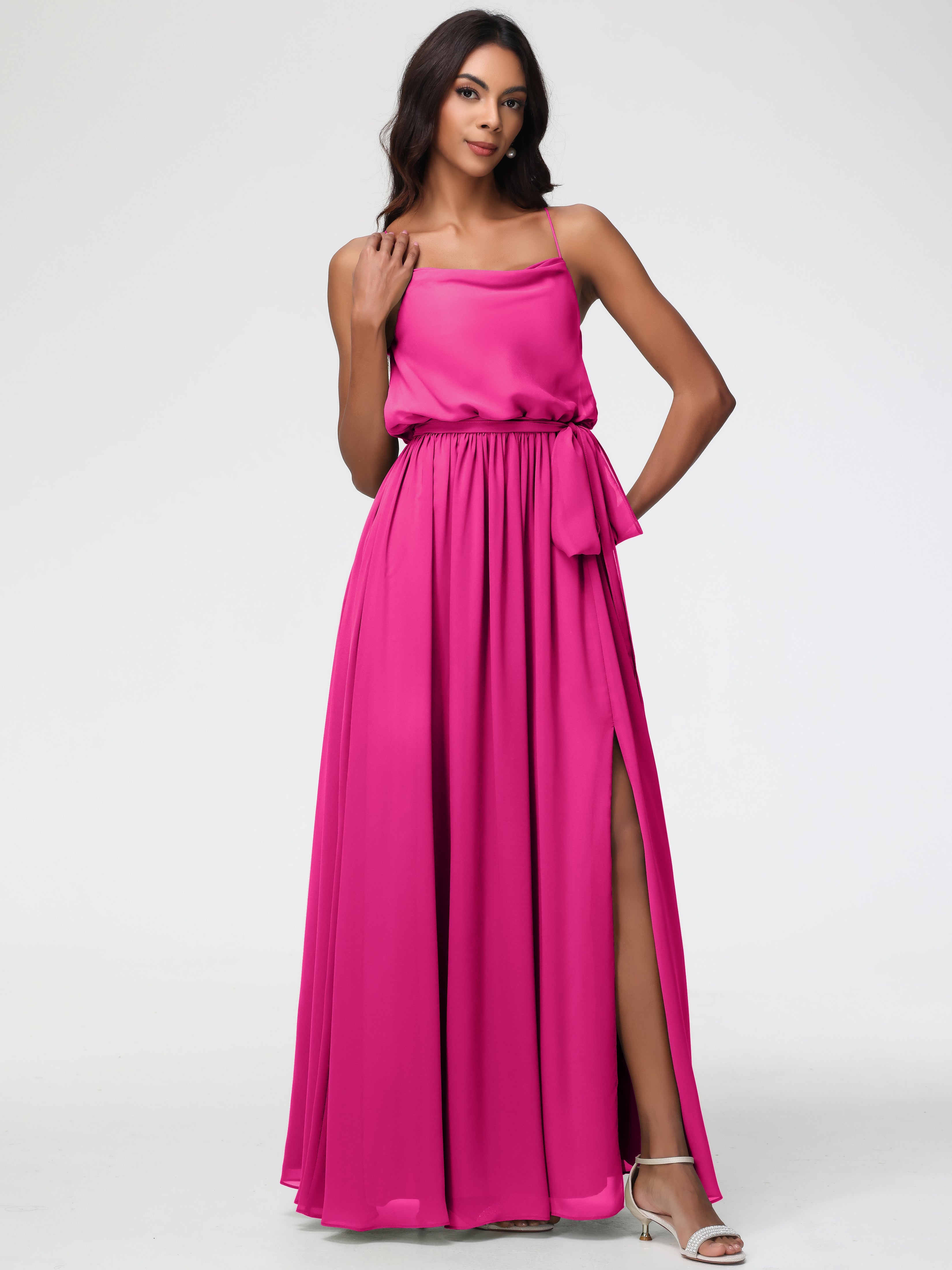 Robe Fuchsia Demoiselle D Honneur Bretelles Spaghetti Col Bénitier Trapèze Mousseline Robe Demoiselle D'Honneur