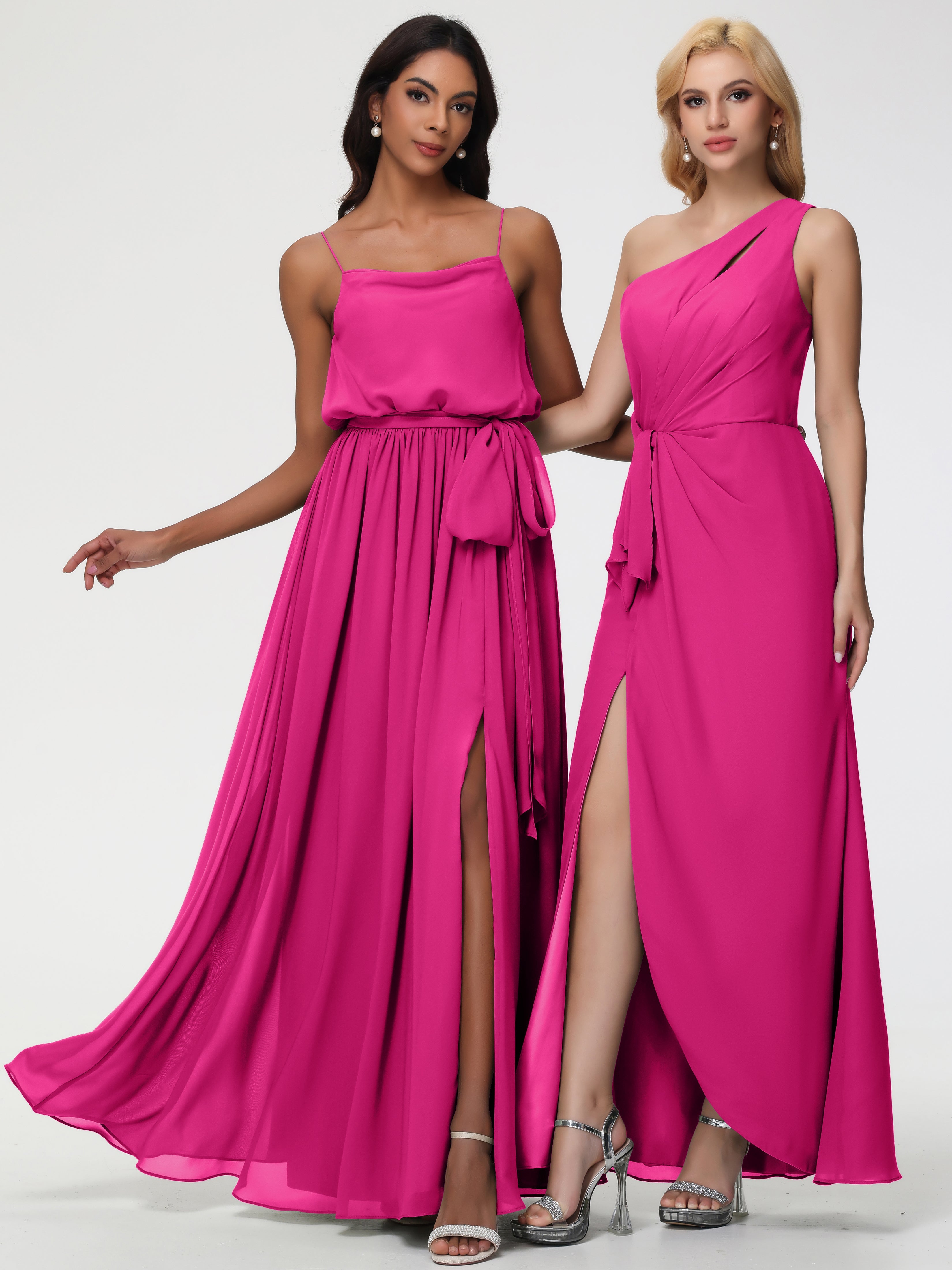 Robe Fuchsia Demoiselle D Honneur Bretelles Spaghetti Col Bénitier Trapèze Mousseline Robe Demoiselle D'Honneur
