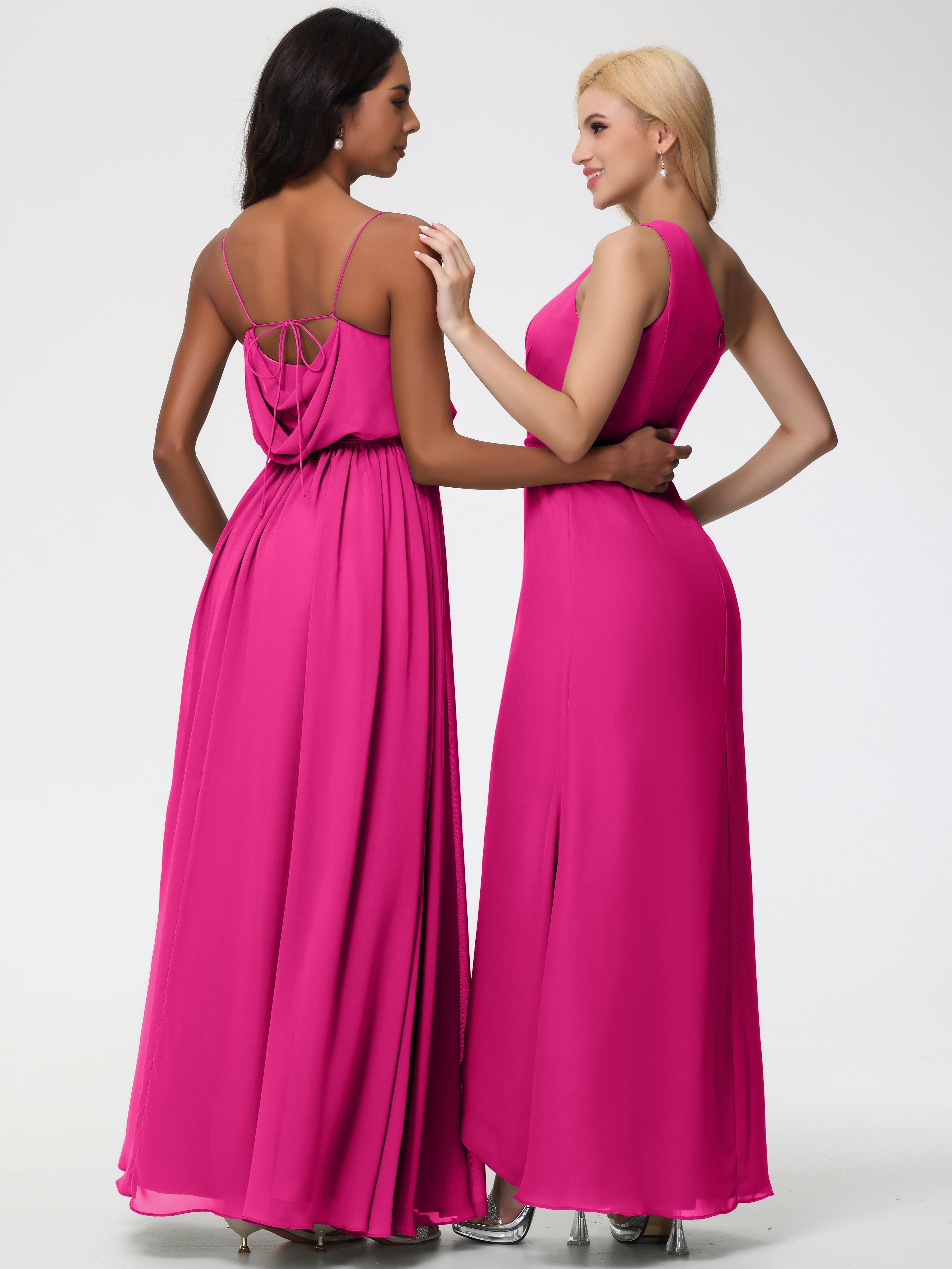 Robe Fuchsia Demoiselle D Honneur Bretelles Spaghetti Col Bénitier Trapèze Mousseline Robe Demoiselle D'Honneur