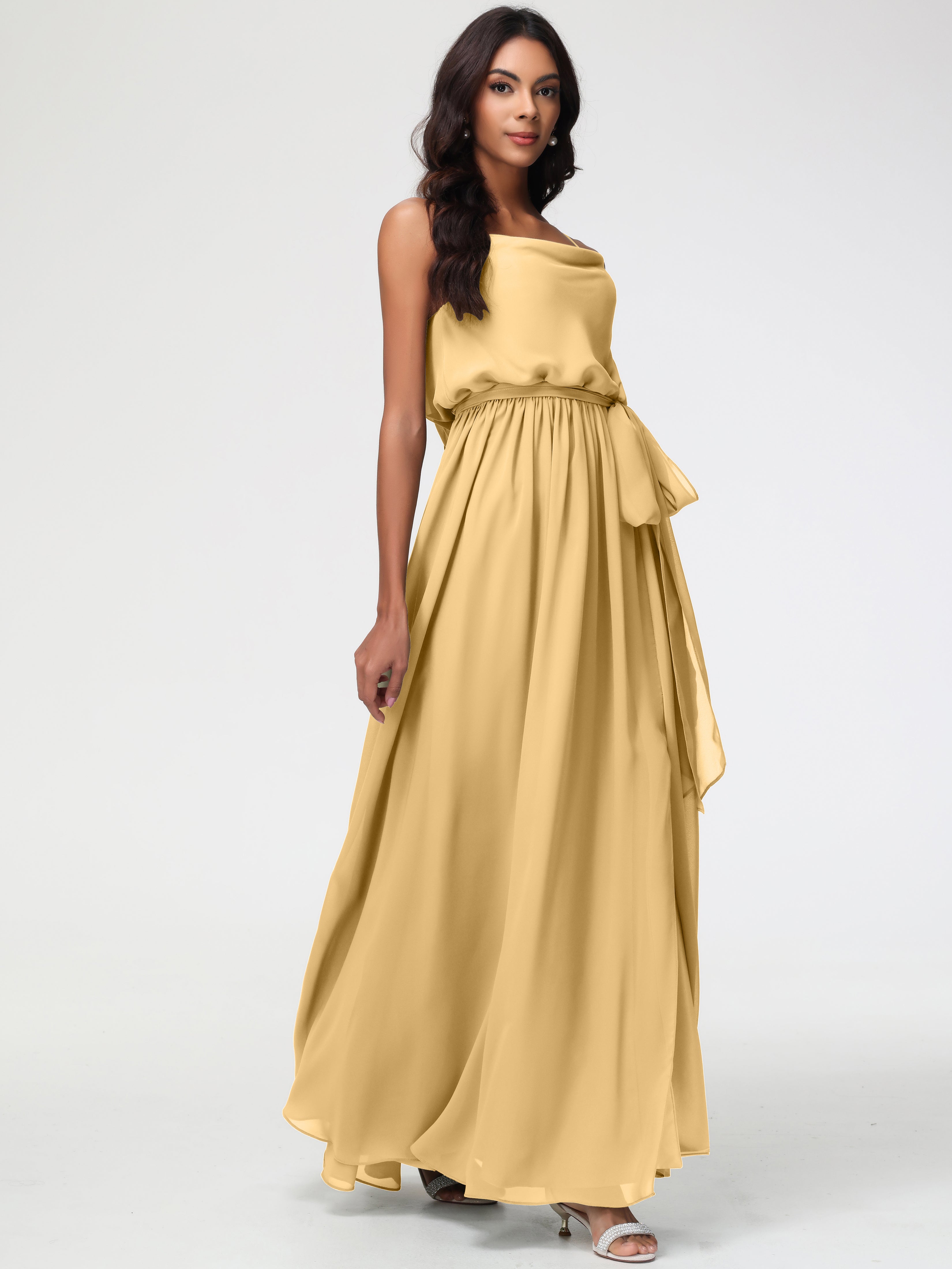 Robe Demoiselle D Honneur Doré Bretelles Spaghetti Col Bénitier Trapèze Mousseline Robe Demoiselle D'Honneur